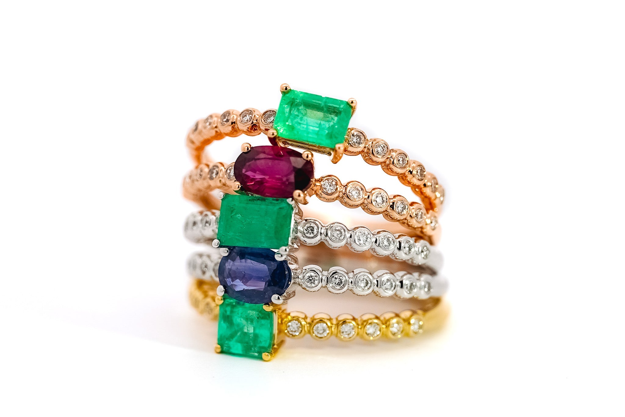 18K Solid Gold Thin Ribbed Textured Band Emerald, Ruby, Or Sapphire Ring-Rings-ASSAY