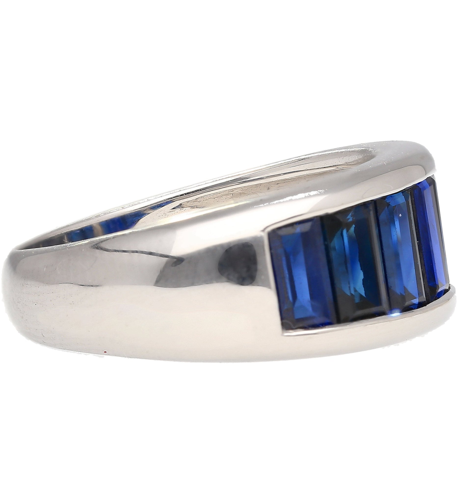 18K Solid White Gold Channel Set Baguette Cut Blue Sapphire Band Ring