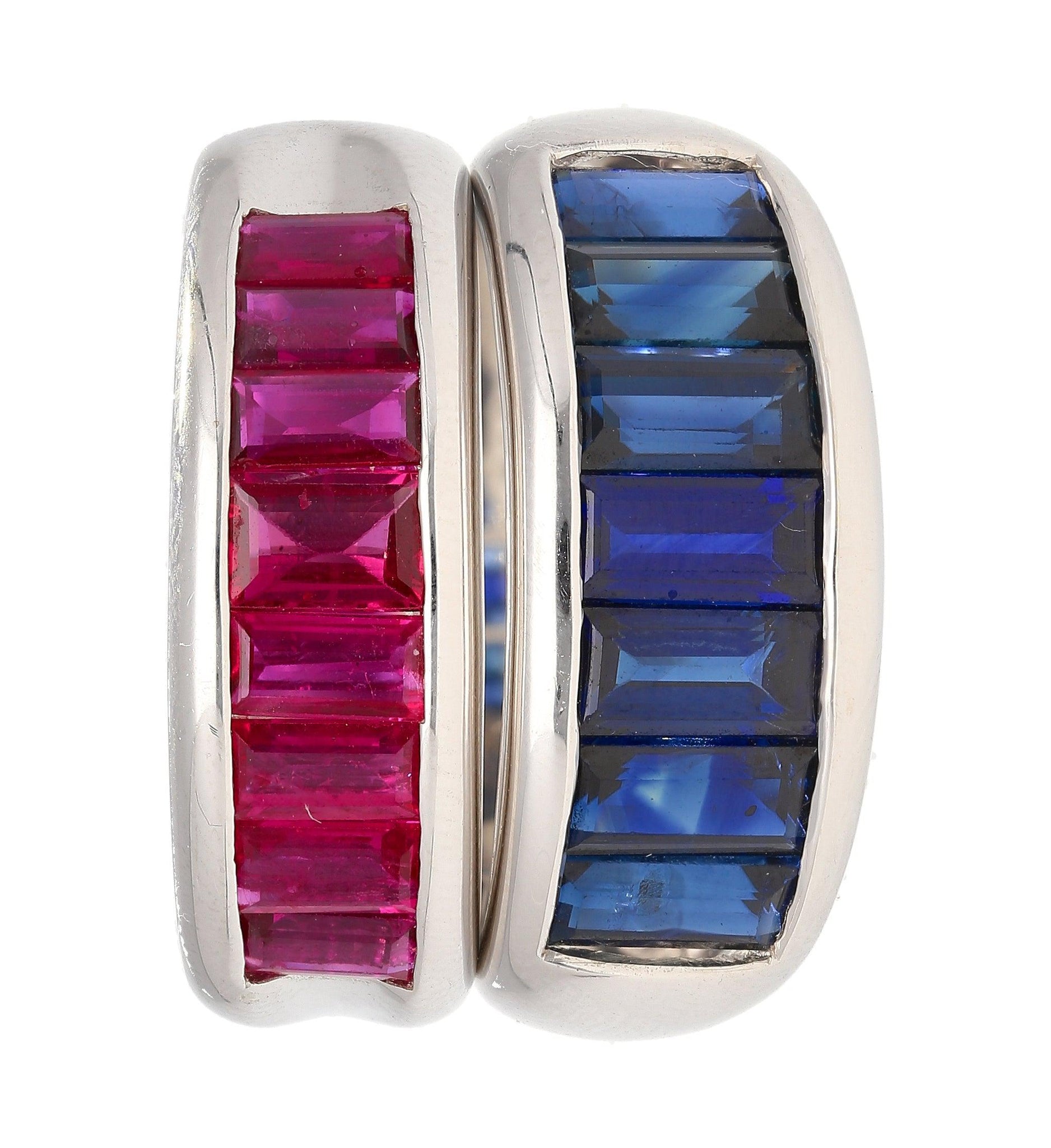 18K Solid White Gold Channel Set Baguette Cut Blue Sapphire Band Ring