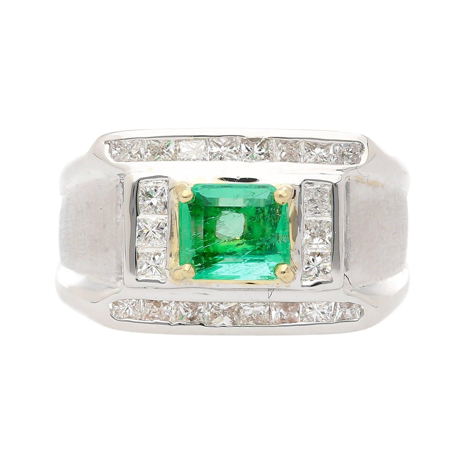 18K White Gold 1 Carat Natural Emerald Mens Ring With Princess Cut Diamonds