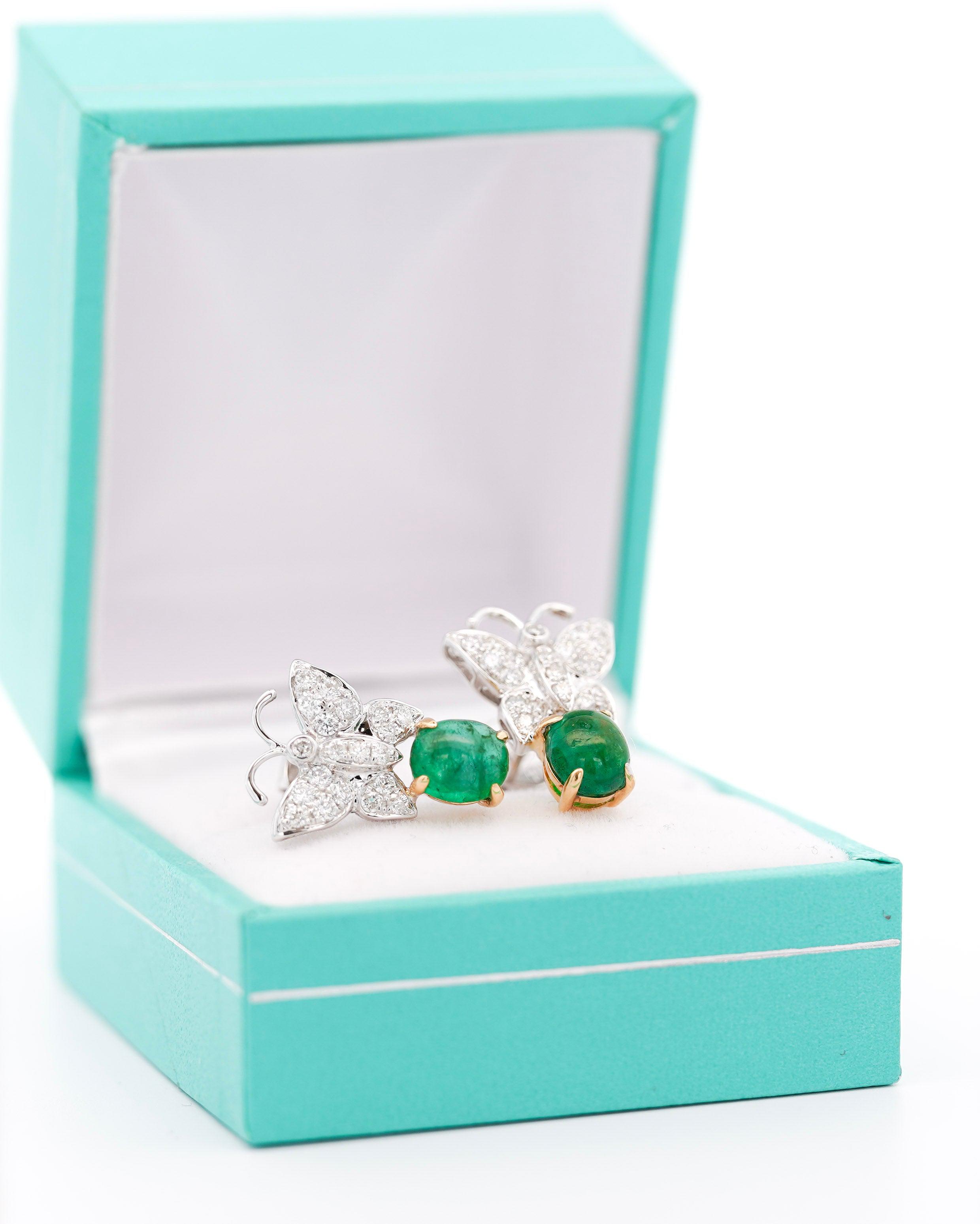 18K White Gold 2 Carat Cabochon Emerald and Diamond Butterfly Drops Earrings-Earrings-ASSAY