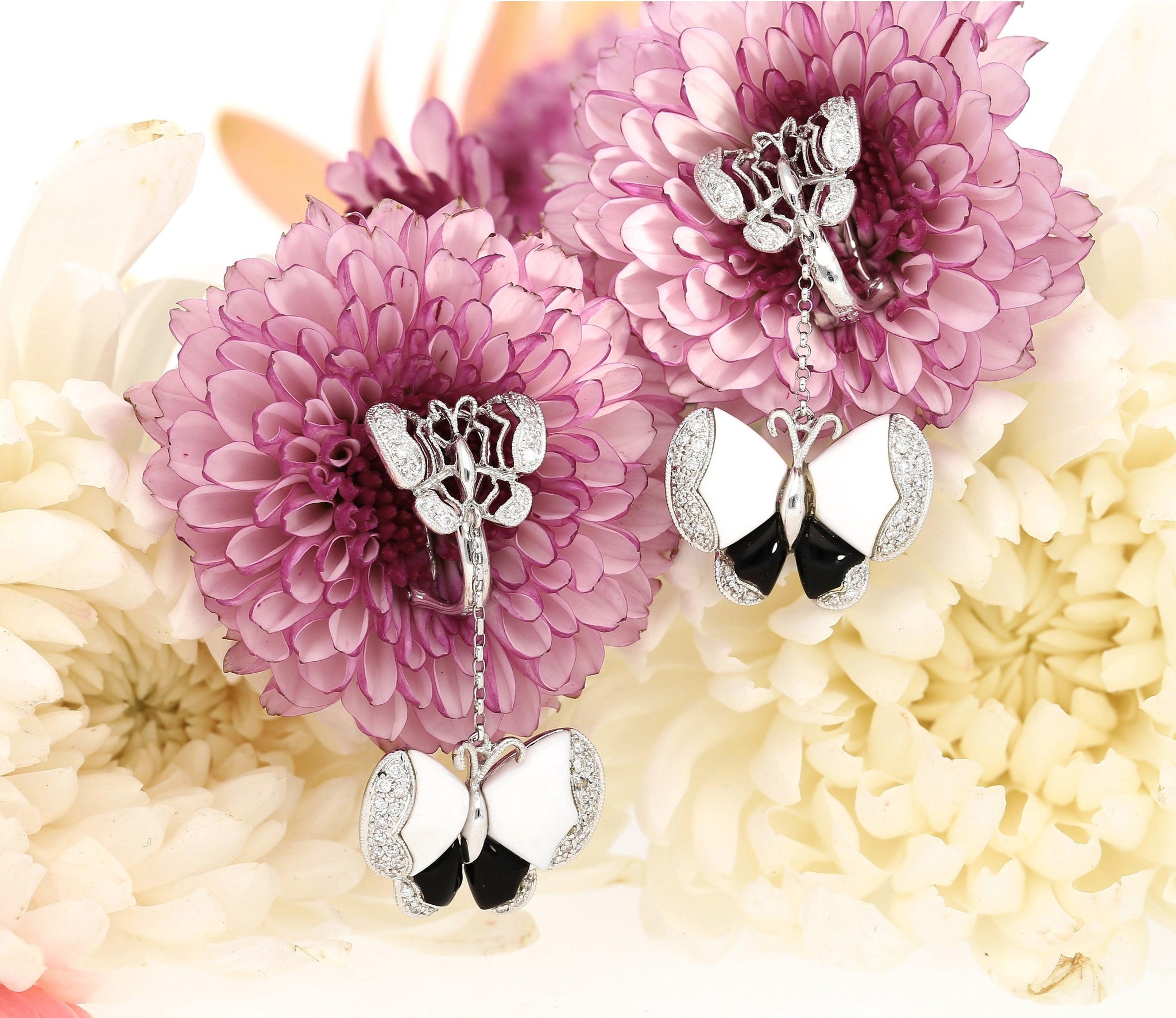 18K White Gold Butterfly Drop Earrings with Black Onyx, White Agate, and Diamonds-Earrings-ASSAY