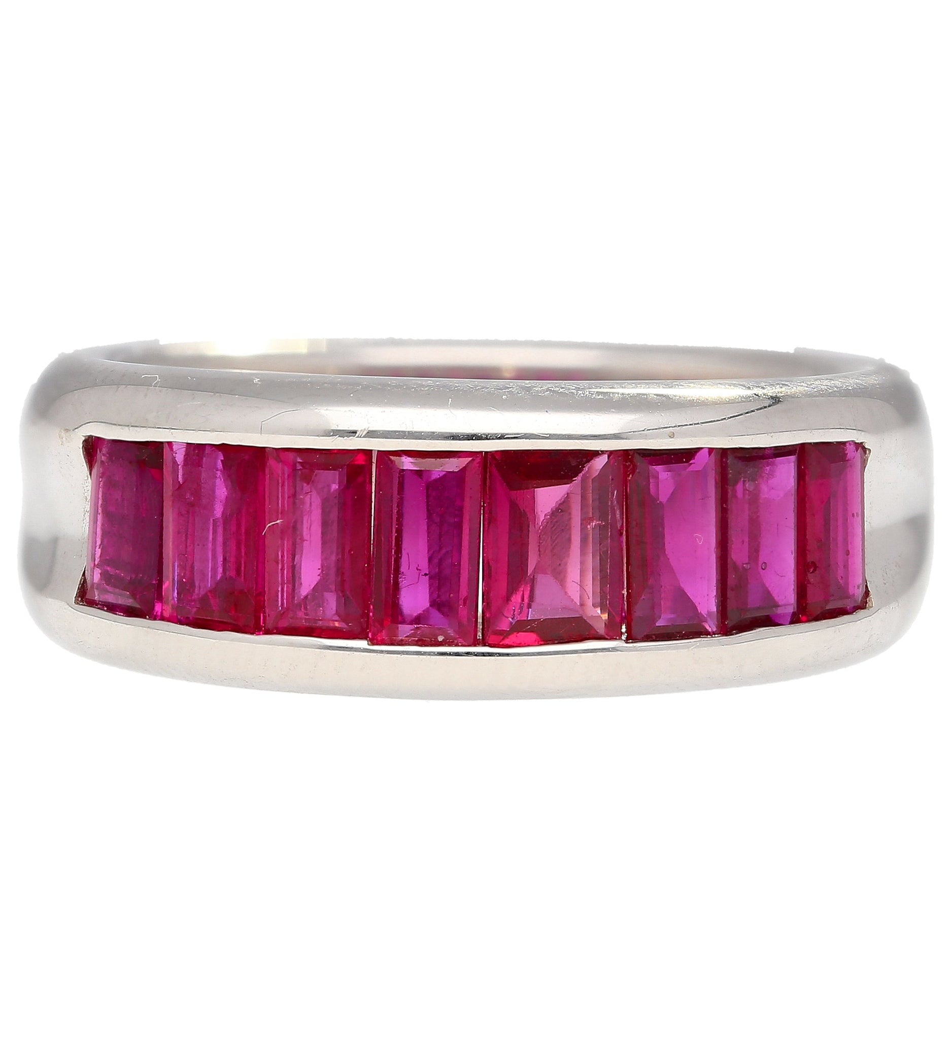 18K White Gold Channel Set Natural Baguette Cut 1-Row Ruby Band Ring