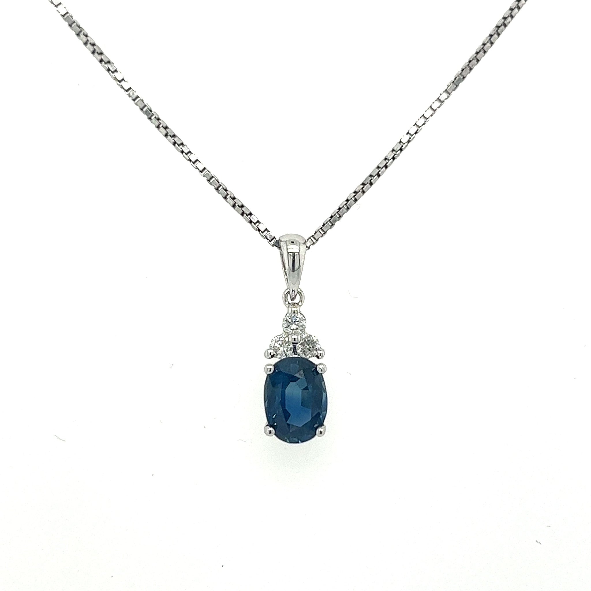 18K White Gold Oval Cut Blue Sapphire & Diamond Drop Pendant Necklace-Necklaces-ASSAY