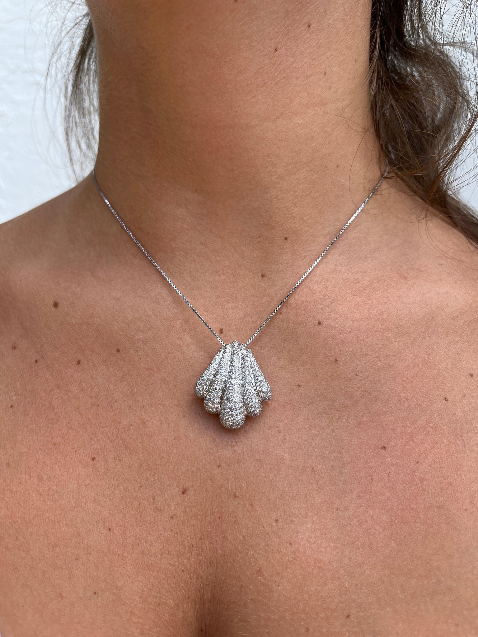 18K White Gold and Diamond Pave Sea Shell Pendant Necklace-diamond pendant-ASSAY