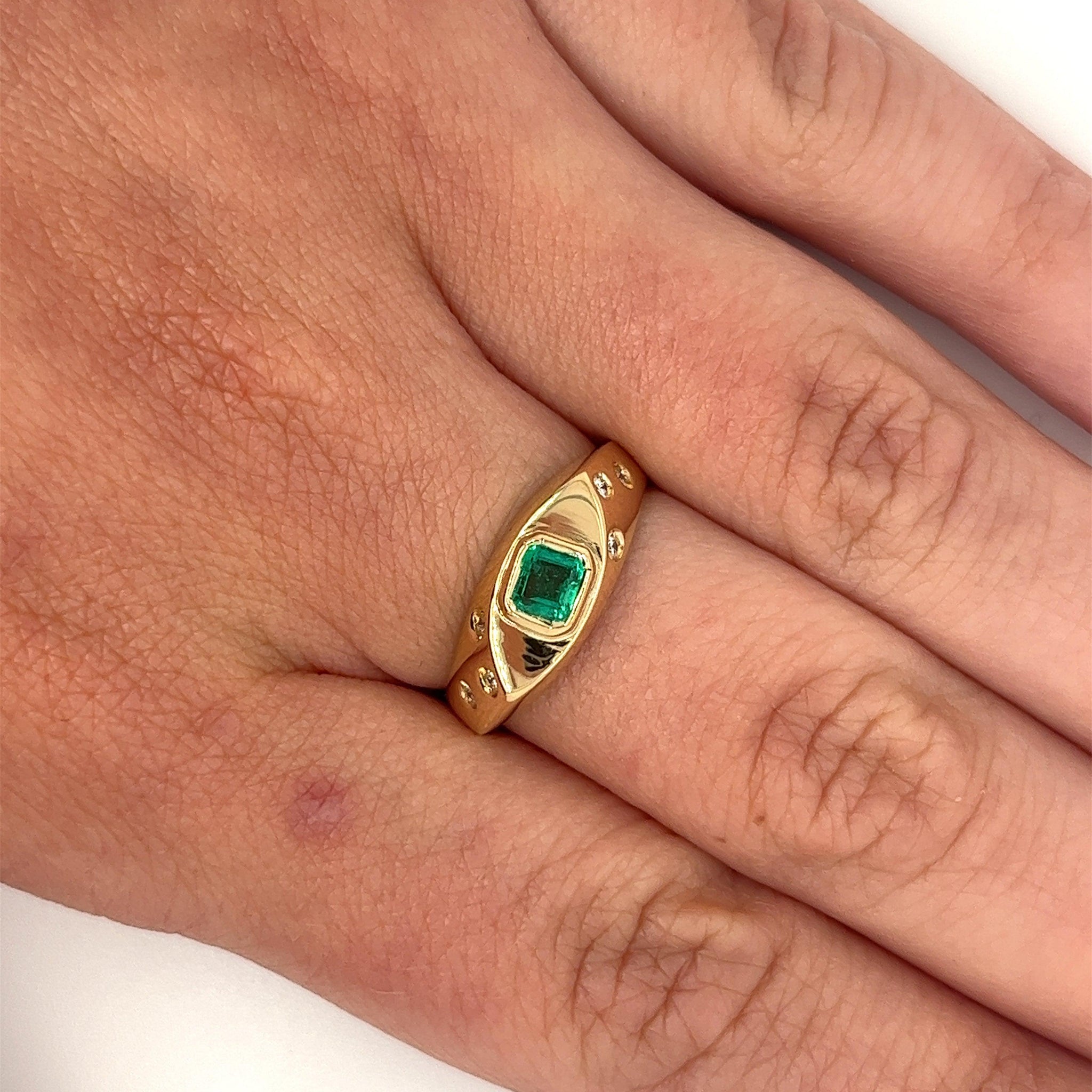 18K Yellow Gold Bezel Set Natural Emerald and Floating Round Diamond Ring