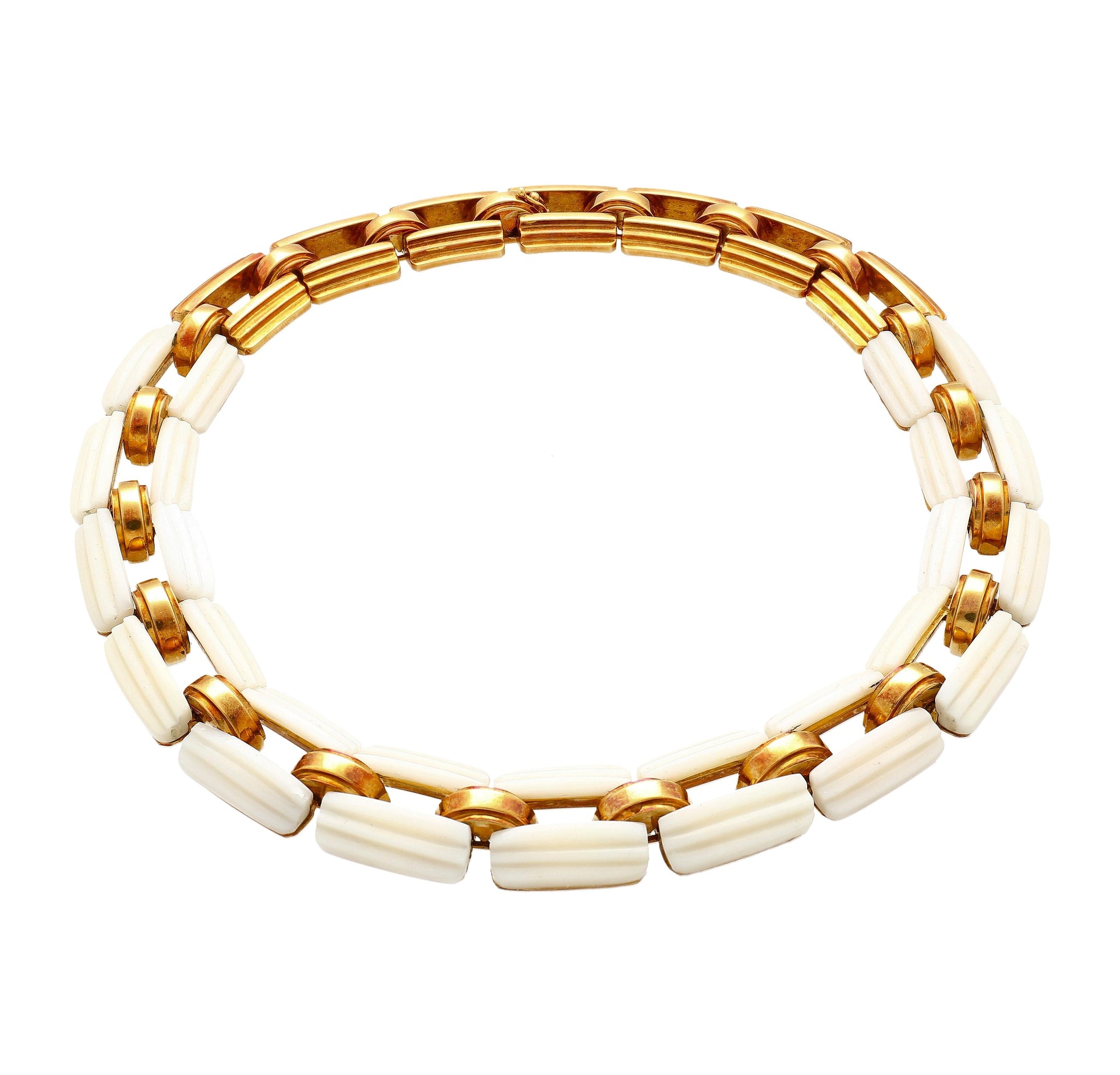 18K Yellow Gold and White Agate Square Link Chain Choker Necklace