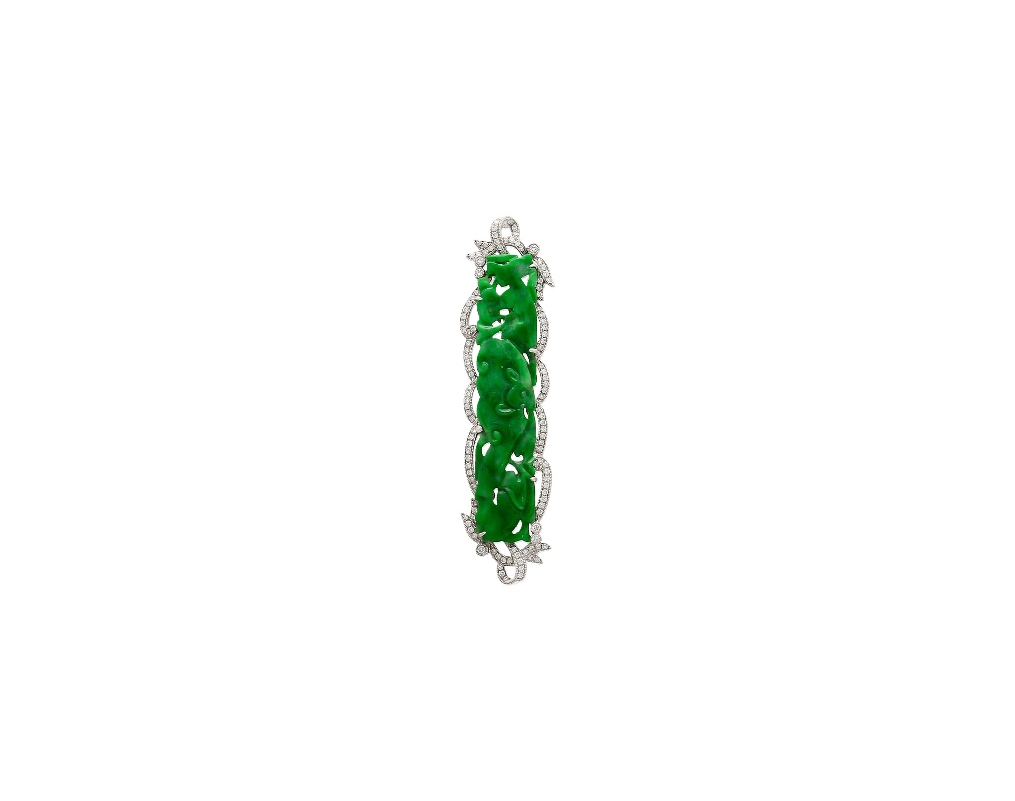 18.20 Carat Carved Dragon Green Jadeite Jade Grade "A" & Diamonds Pendant & Pin Crossover