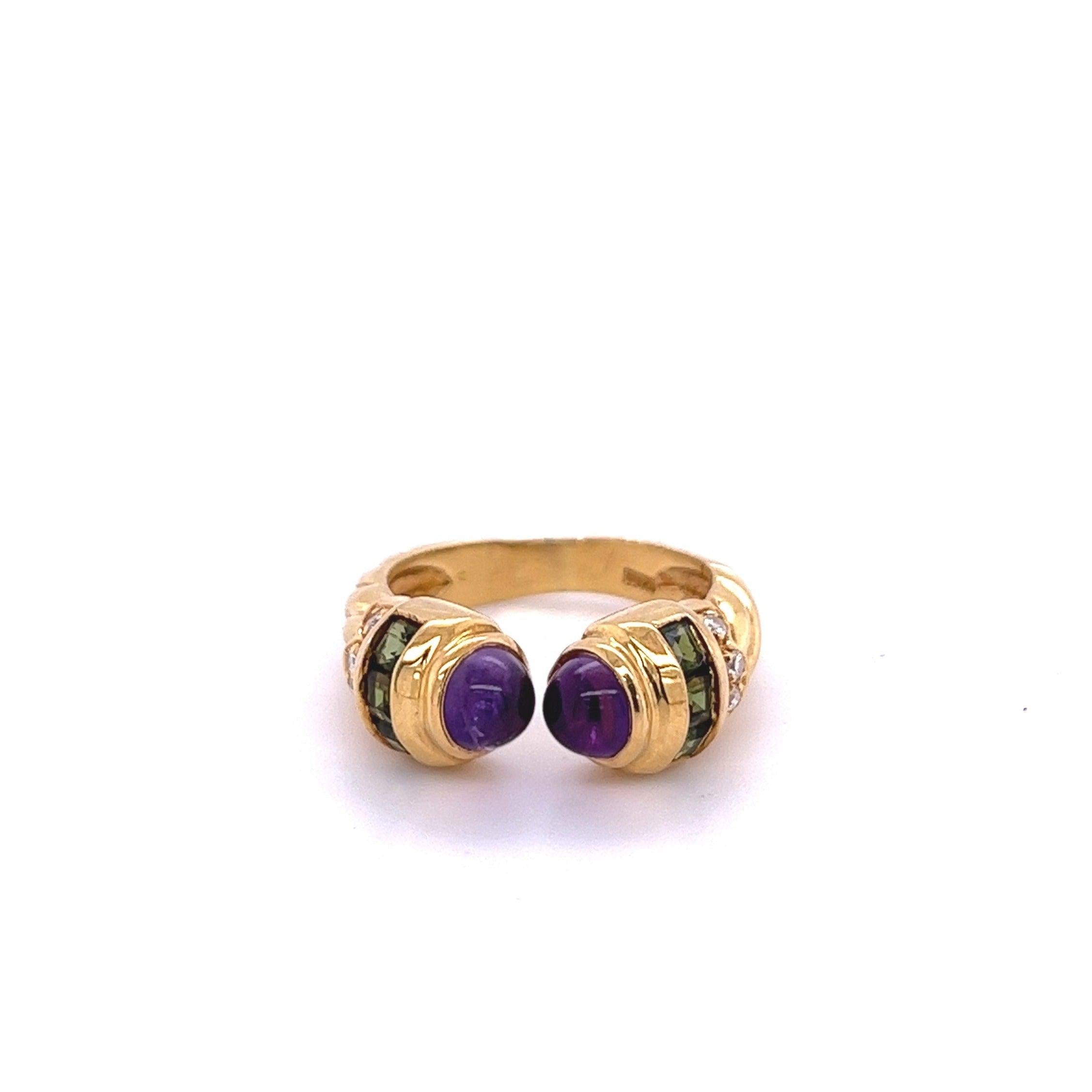 18k Gold Vintage Retro Open Ring With Amethyst, Peridot, and Diamonds-Rings-ASSAY