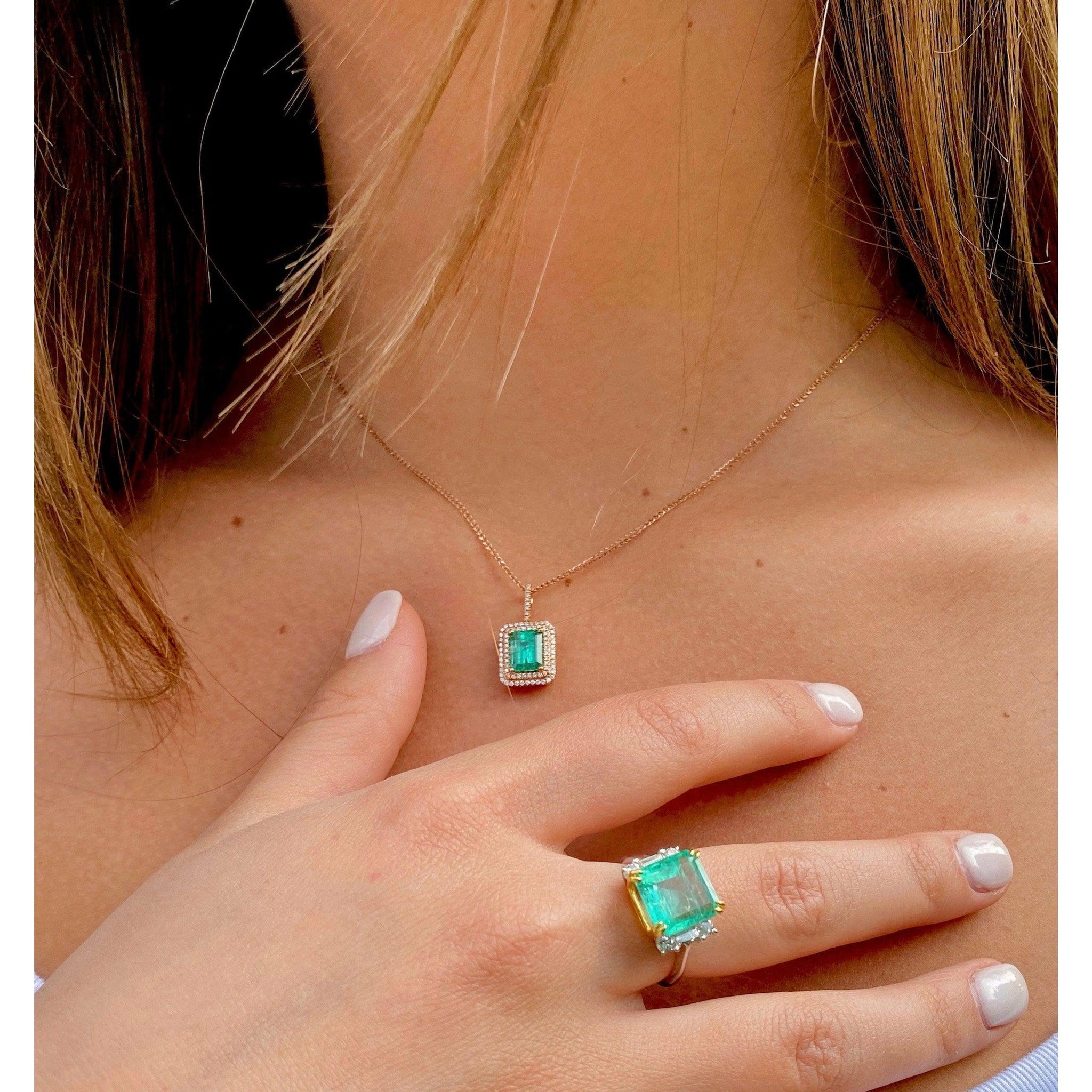 18k Rose Gold 1.47 Carat Emerald Pendant in 18k White Gold Necklace - ASSAY