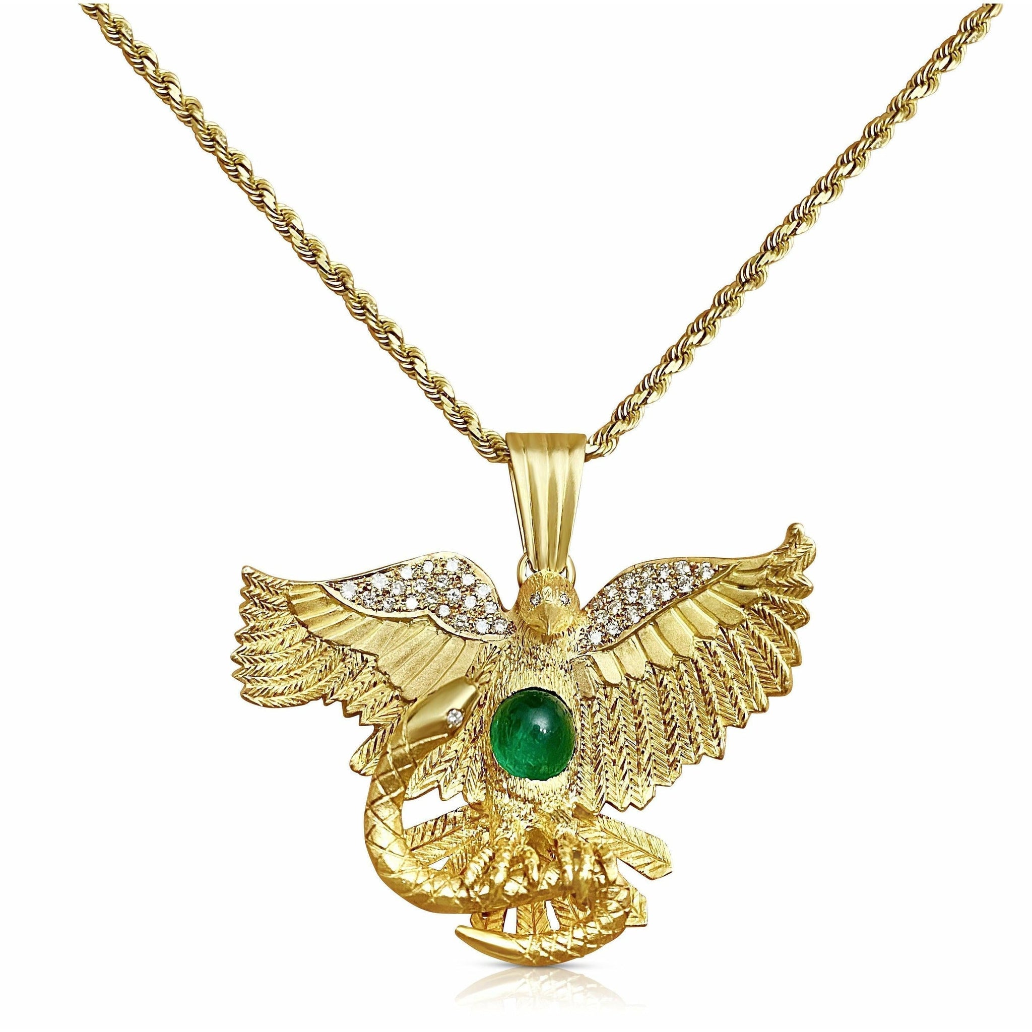 18k Solid Gold Eagle with Cabochon Cut Colombian Emerald Necklace Mexican Coat Of Arms Gold Eagle Pendant Necklace - ASSAY