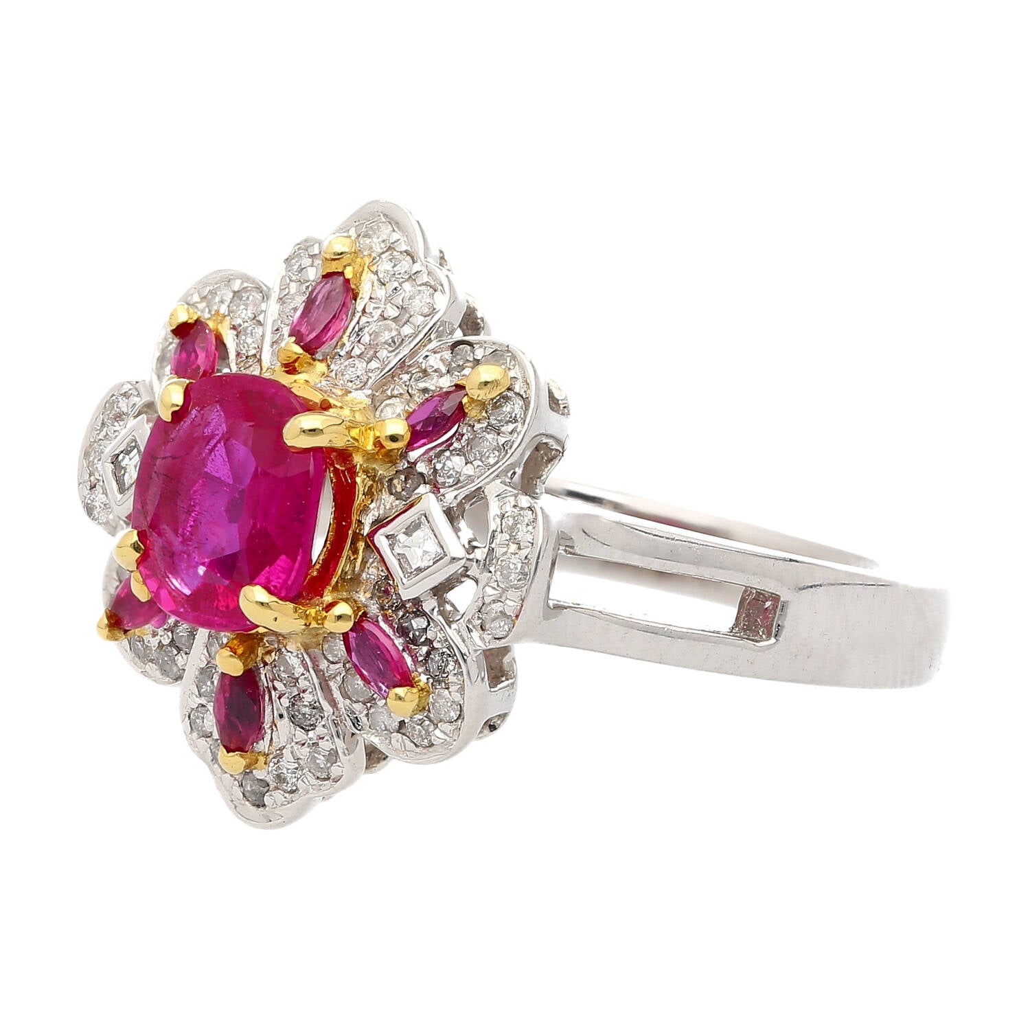 1.38 CTTW Natural Pinkish Red Ruby & Diamond Floral Motif Ring in 14K White Gold