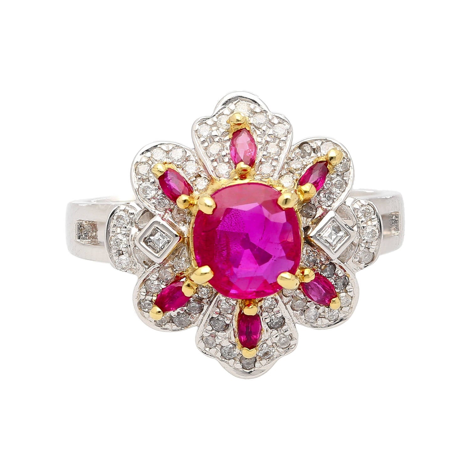 1.38 CTTW Natural Pinkish Red Ruby & Diamond Floral Motif Ring in 14K White Gold