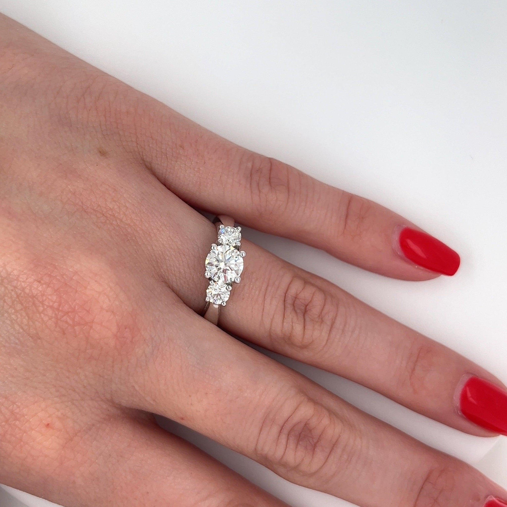 1.69 Carat 3 Stone Round Cut Lab Grown Diamond CVD Engagement Ring in Platinum Setting-Rings-ASSAY