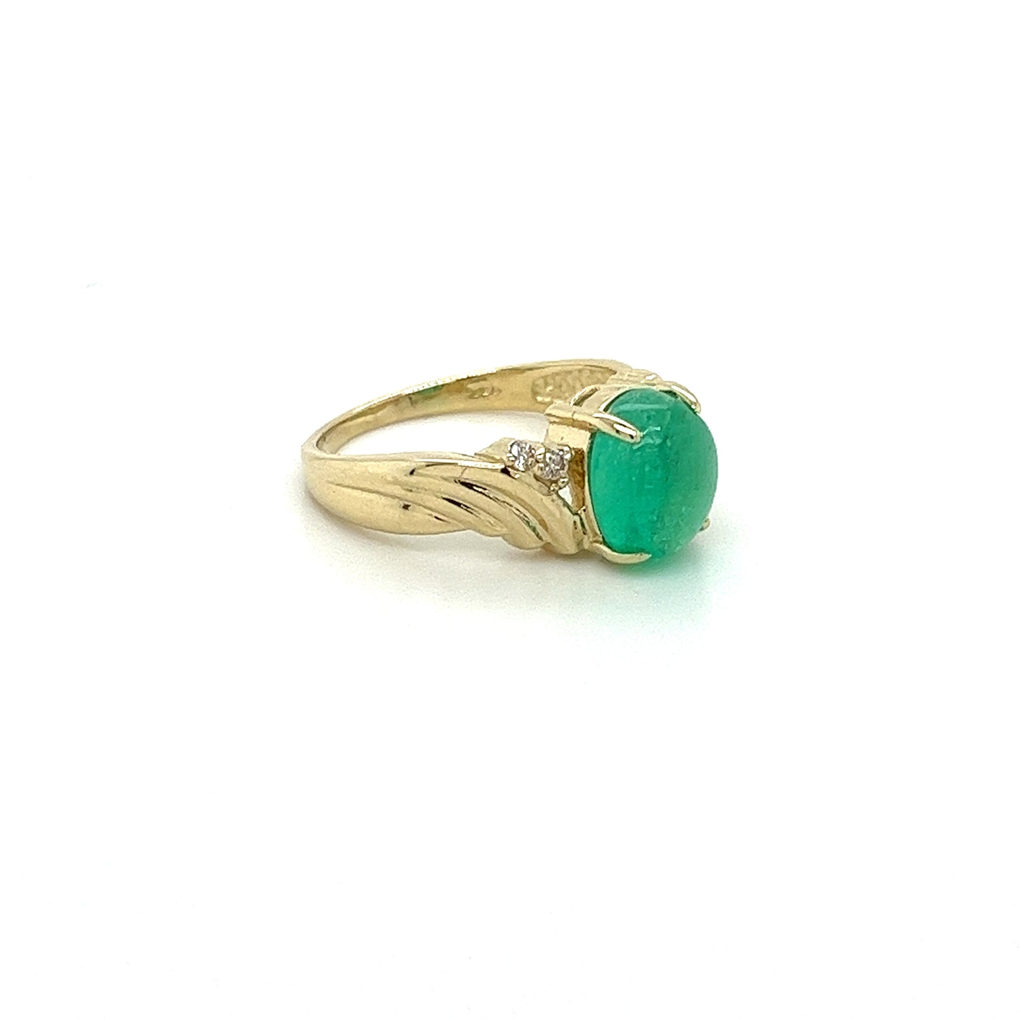 2 Carat Cabochon Cut Natural Emerald & Diamond in Textured 14K Yellow Gold Ring-Rings-ASSAY