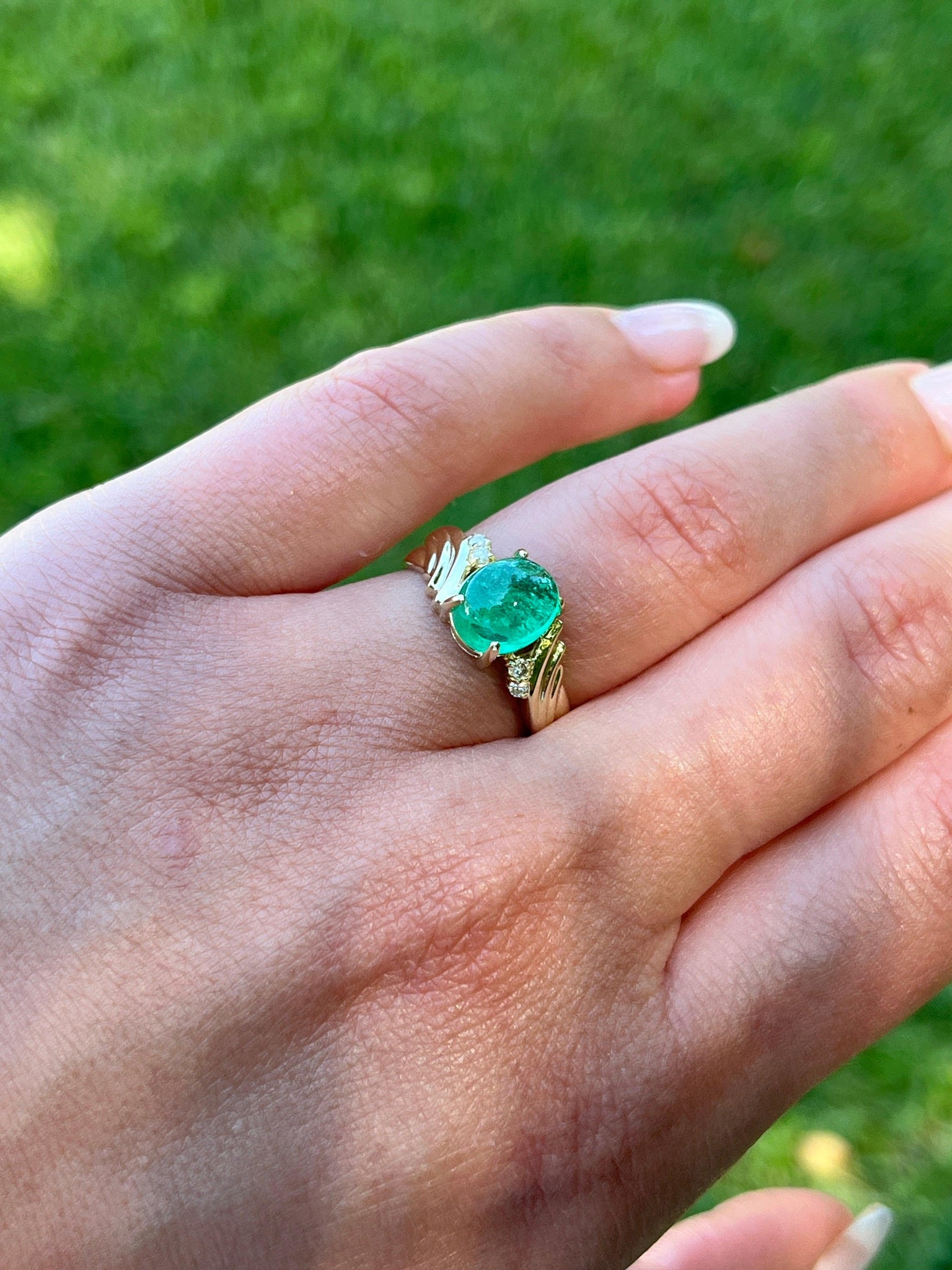 2 Carat Cabochon Cut Natural Emerald & Diamond in Textured 14K Yellow Gold Ring-Rings-ASSAY