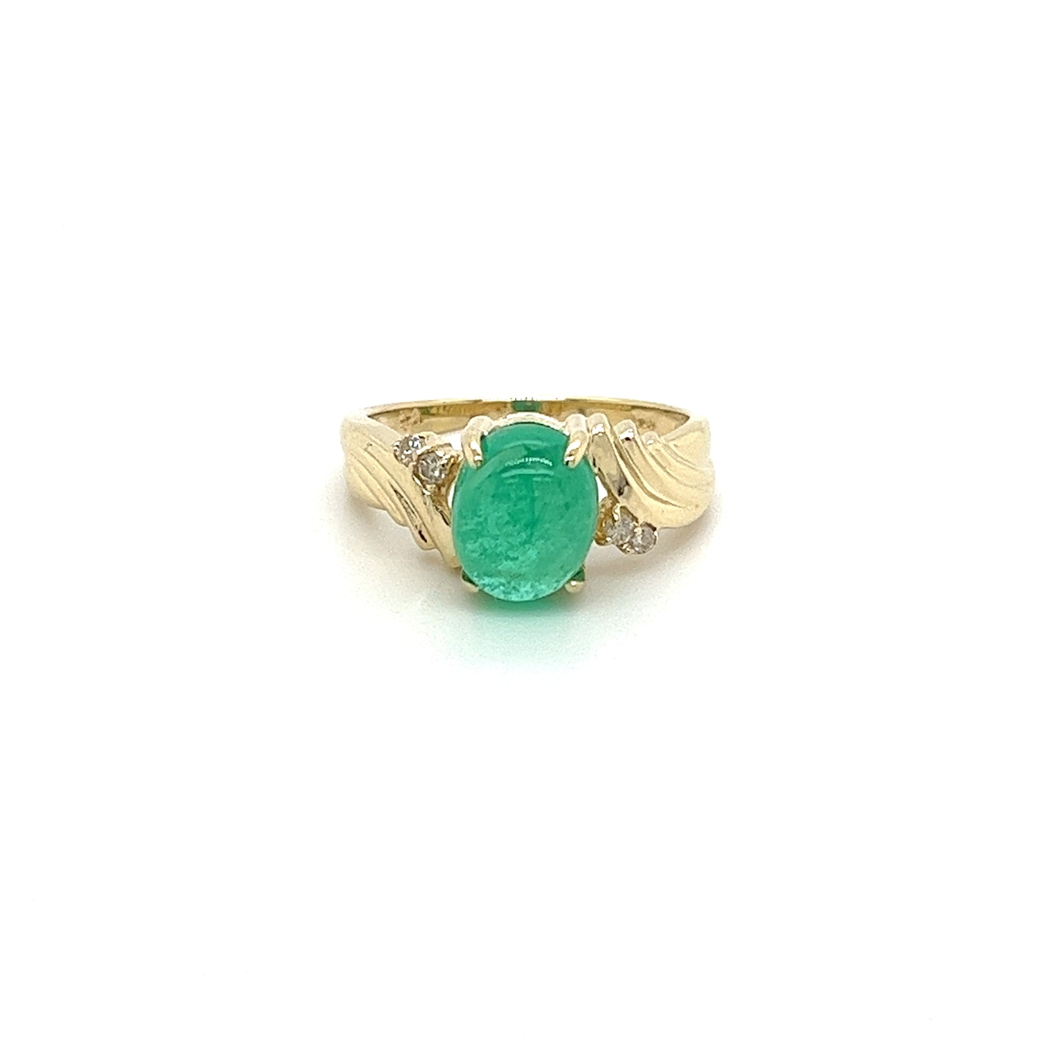 2 Carat Cabochon Cut Natural Emerald & Diamond in Textured 14K Yellow Gold Ring