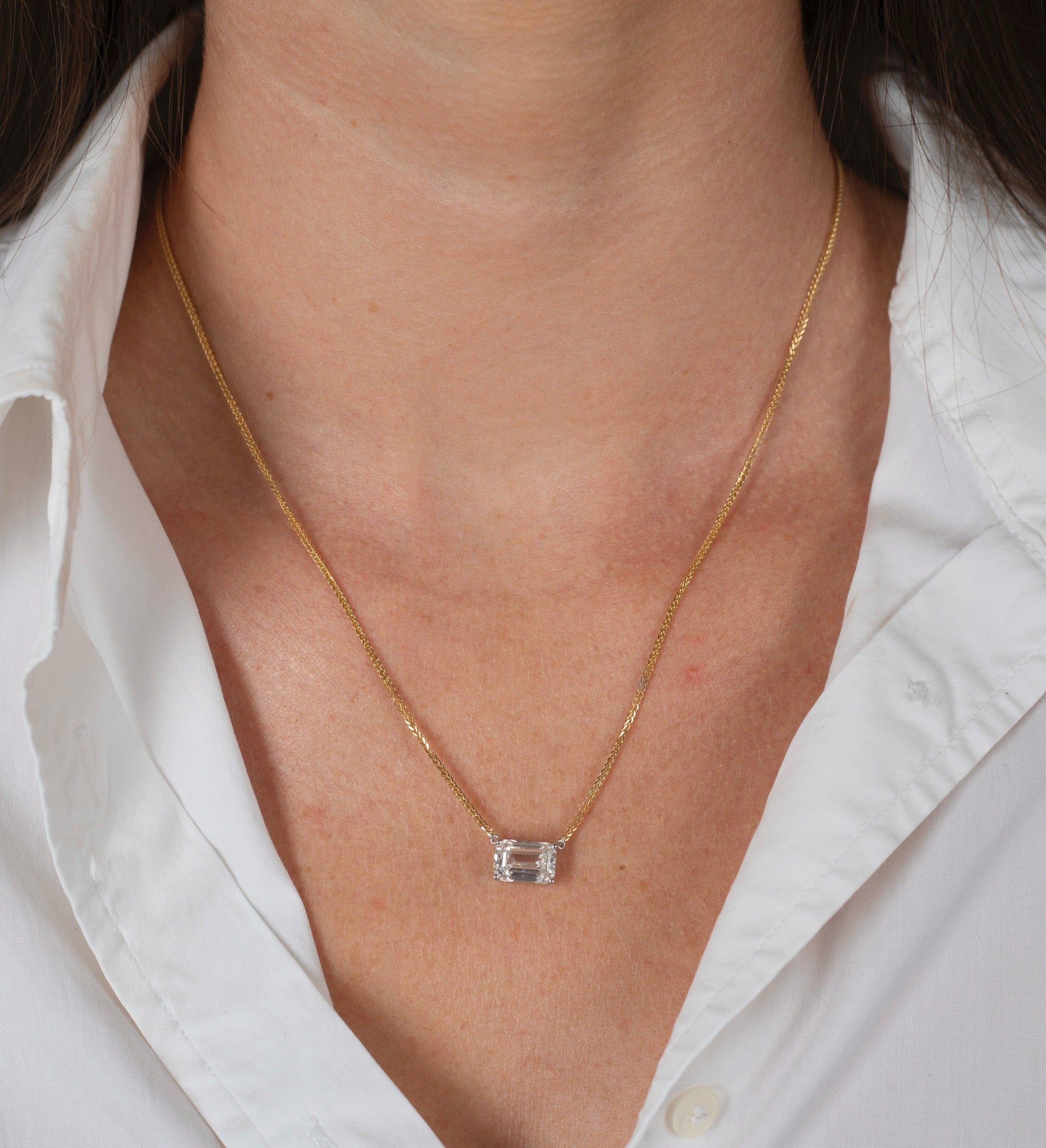 2 Carat Emerald Cut Lab Grown Diamond Connected Floating Necklace in 18K Yellow & White Gold 2-Tone Setting