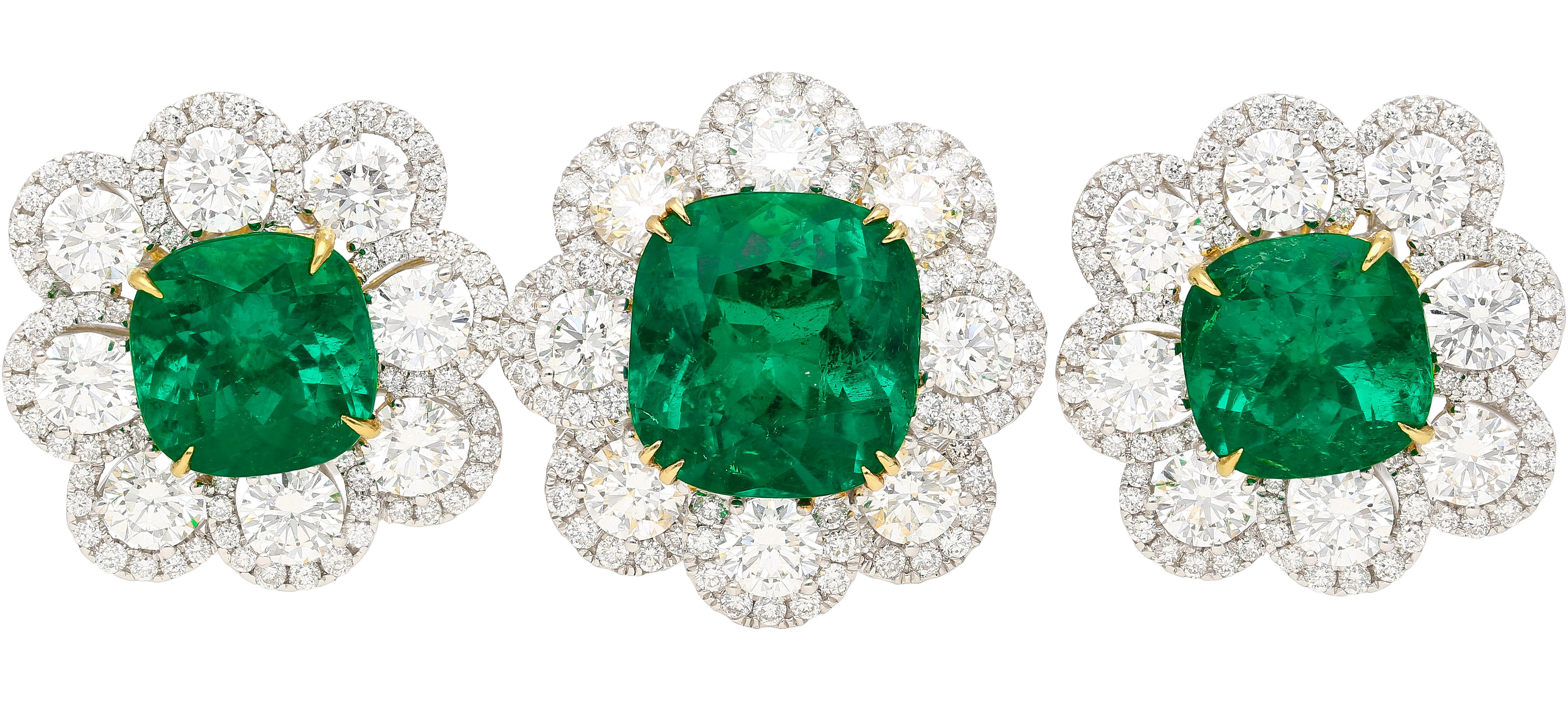 ~20 Carat Colombian Emerald Cushion Cut GRS Certified and Diamond 18K Set