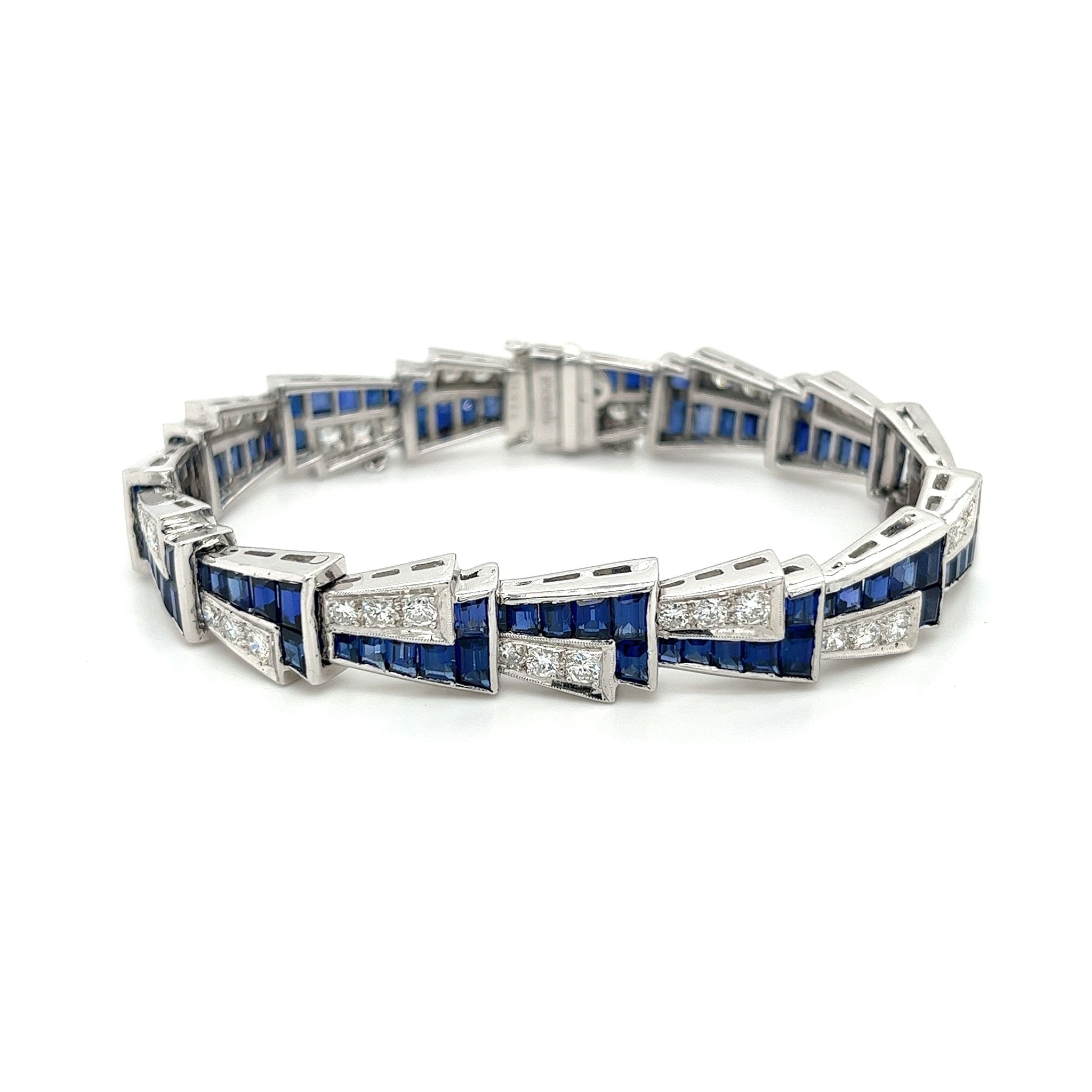 21 Carat Art Deco Blue Sapphire and Diamond Bracelet in Platinum-Bracelets-ASSAY