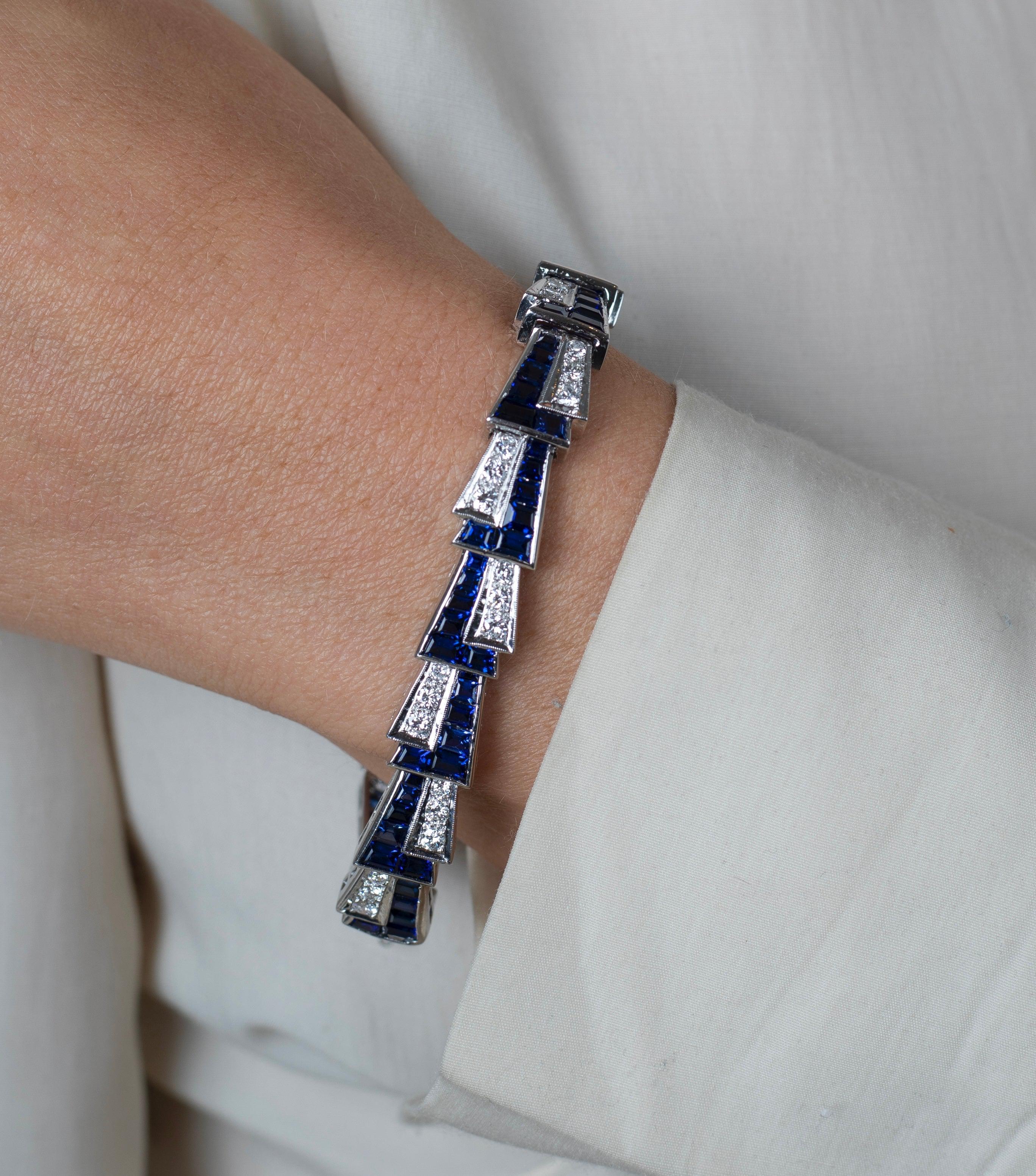 21 Carat Art Deco Blue Sapphire and Diamond Bracelet in Platinum-Bracelet-ASSAY