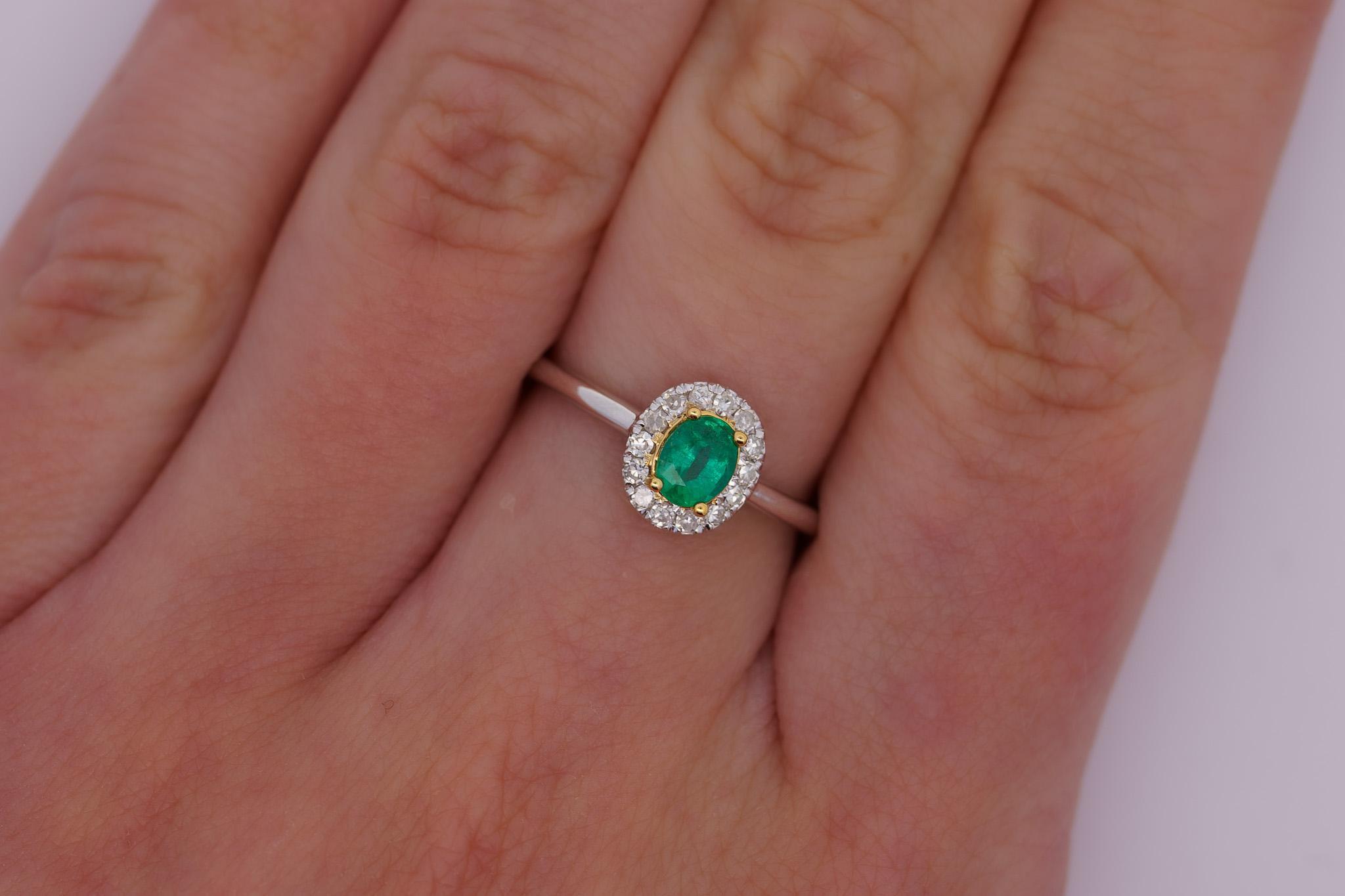 3 Carat Natural Emerald & Diamond Oval Halo 1.7mm Band Ring in 18K White Gold