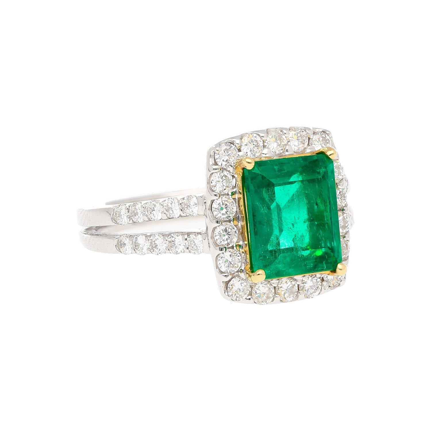 2.06 Carat Old Mine Muzo Colombian Emerald & Diamond Halo with Split Shank 18K Ring