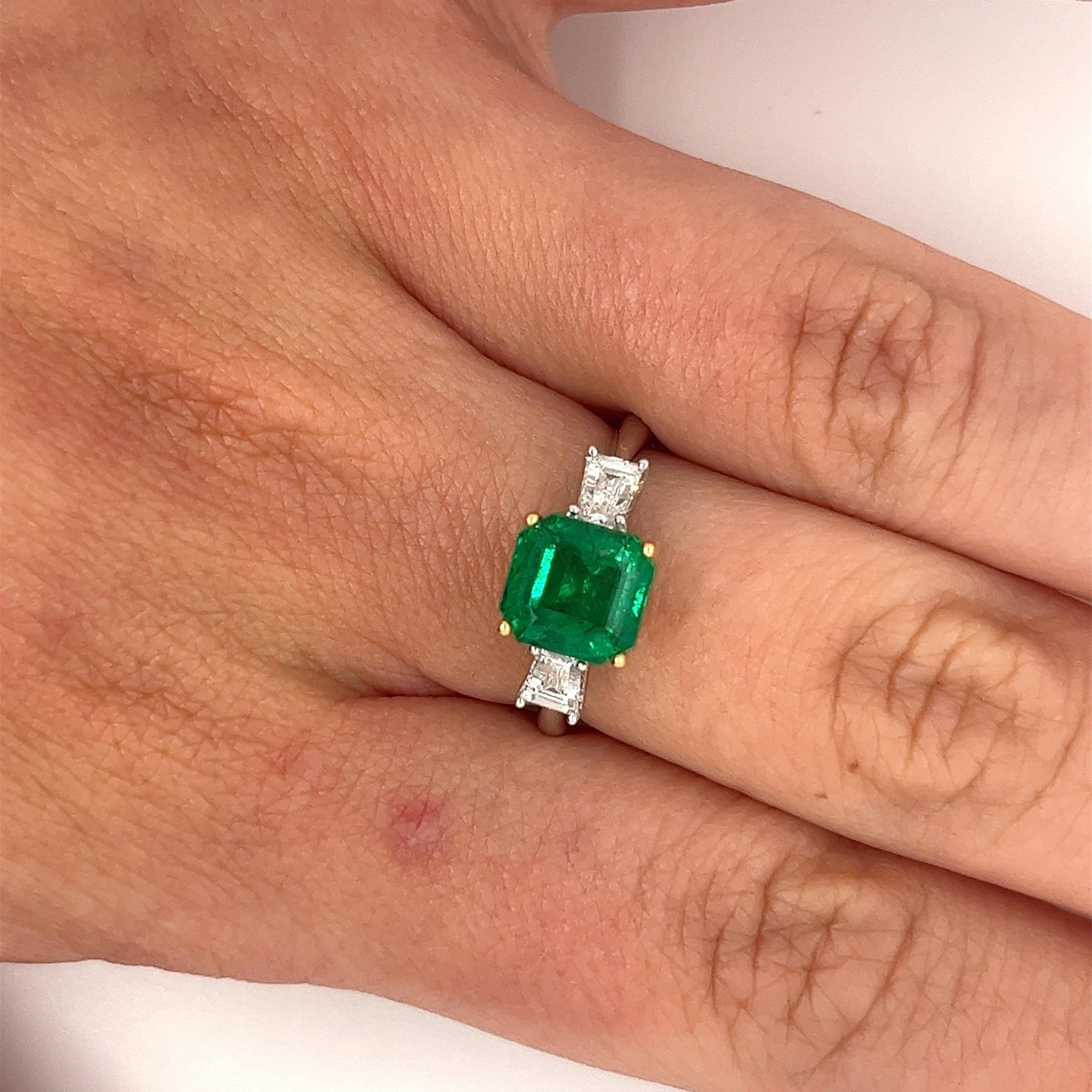 2.19 Carat Natural Emerald 3-Stone Ring with Baguette Diamond in 18K White Gold