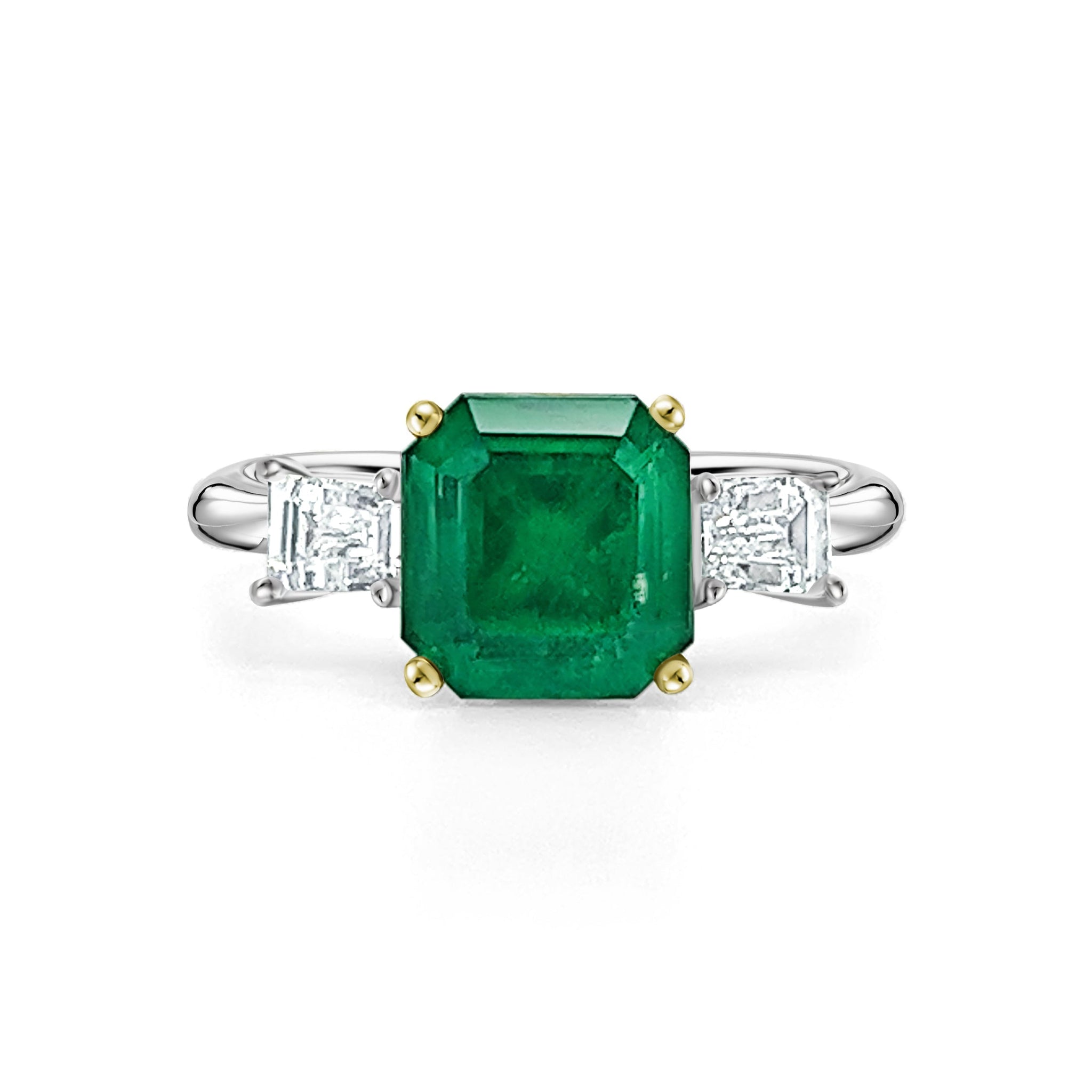 2.19 Carat Natural Emerald 3-Stone Ring with Baguette Diamond in 18K White Gold
