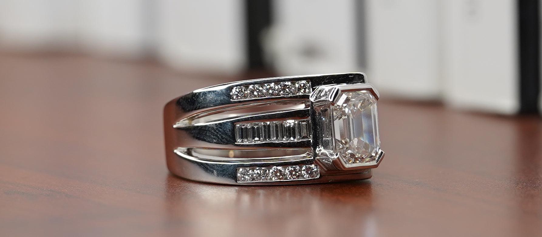 2.5 Carat Emerald Cut Lab Grown Diamond Mens Pinky Ring in Platinum and 18K White Gold