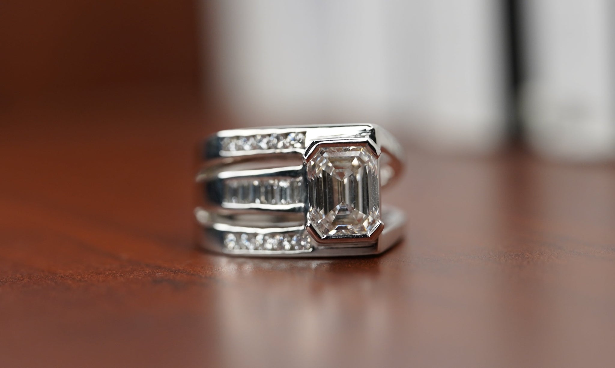 2.5 Carat Emerald Cut Lab Grown Diamond Mens Pinky Ring in Platinum and 18K White Gold