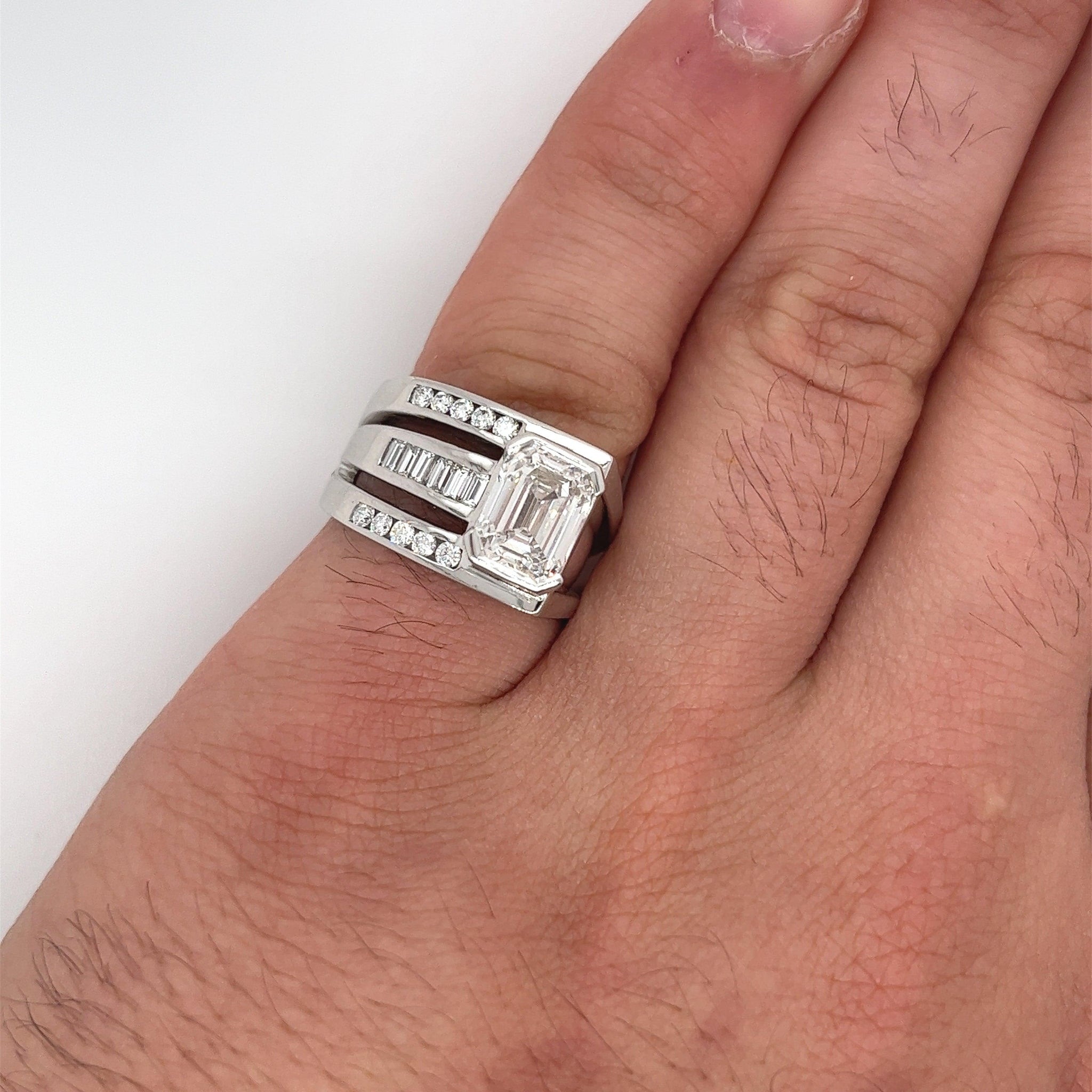 2.5 Carat Emerald Cut Lab Grown Diamond Mens Pinky Ring in Platinum and 18K White Gold-ASSAY