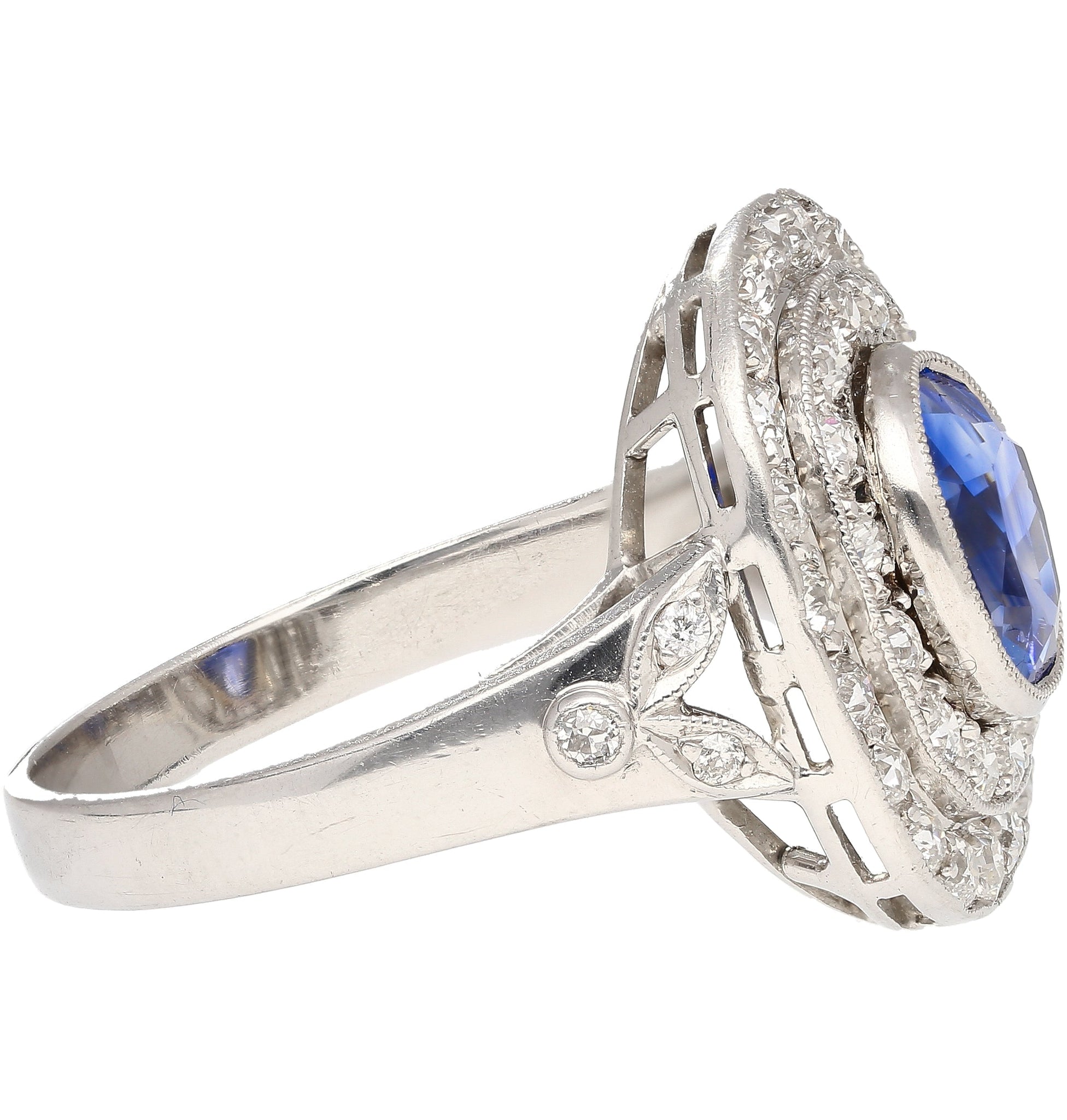 2.56 Carat No Heat Kashmir Blue Sapphire in Platinum Diamond Halo Ring