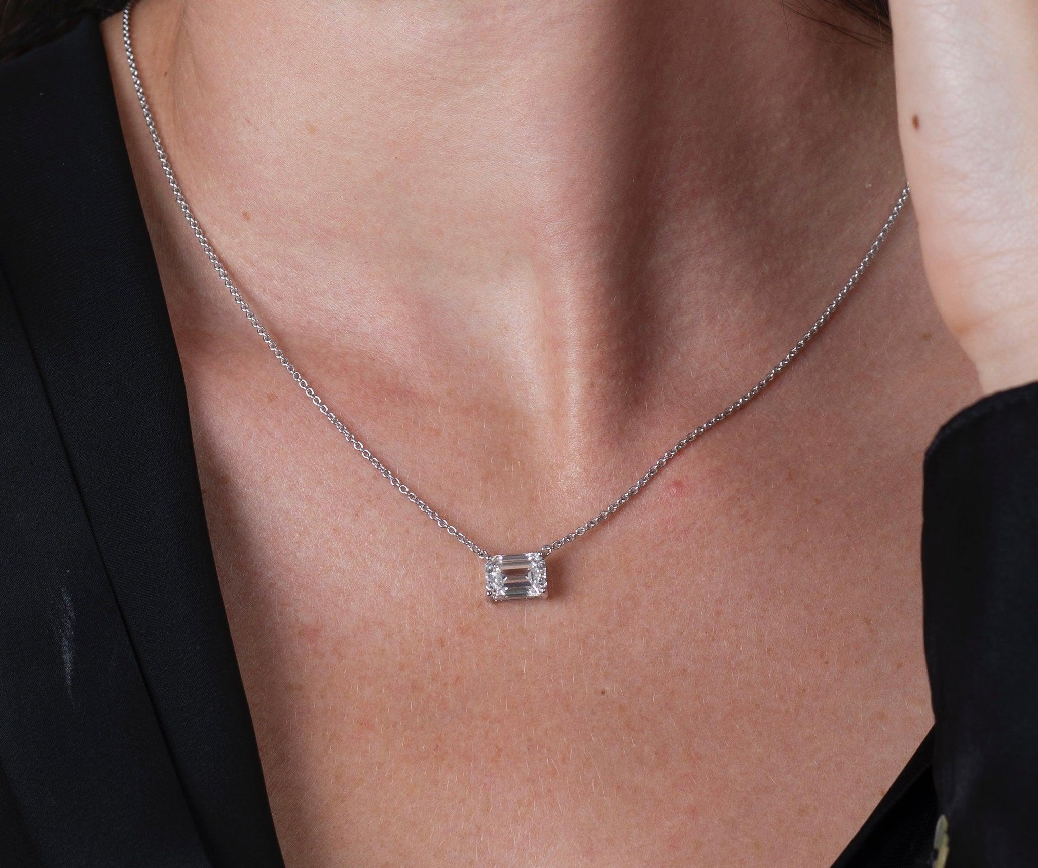 3 Carat Emerald Cut Lab Diamond Solitaire Connecting Necklace in 14K White Gold