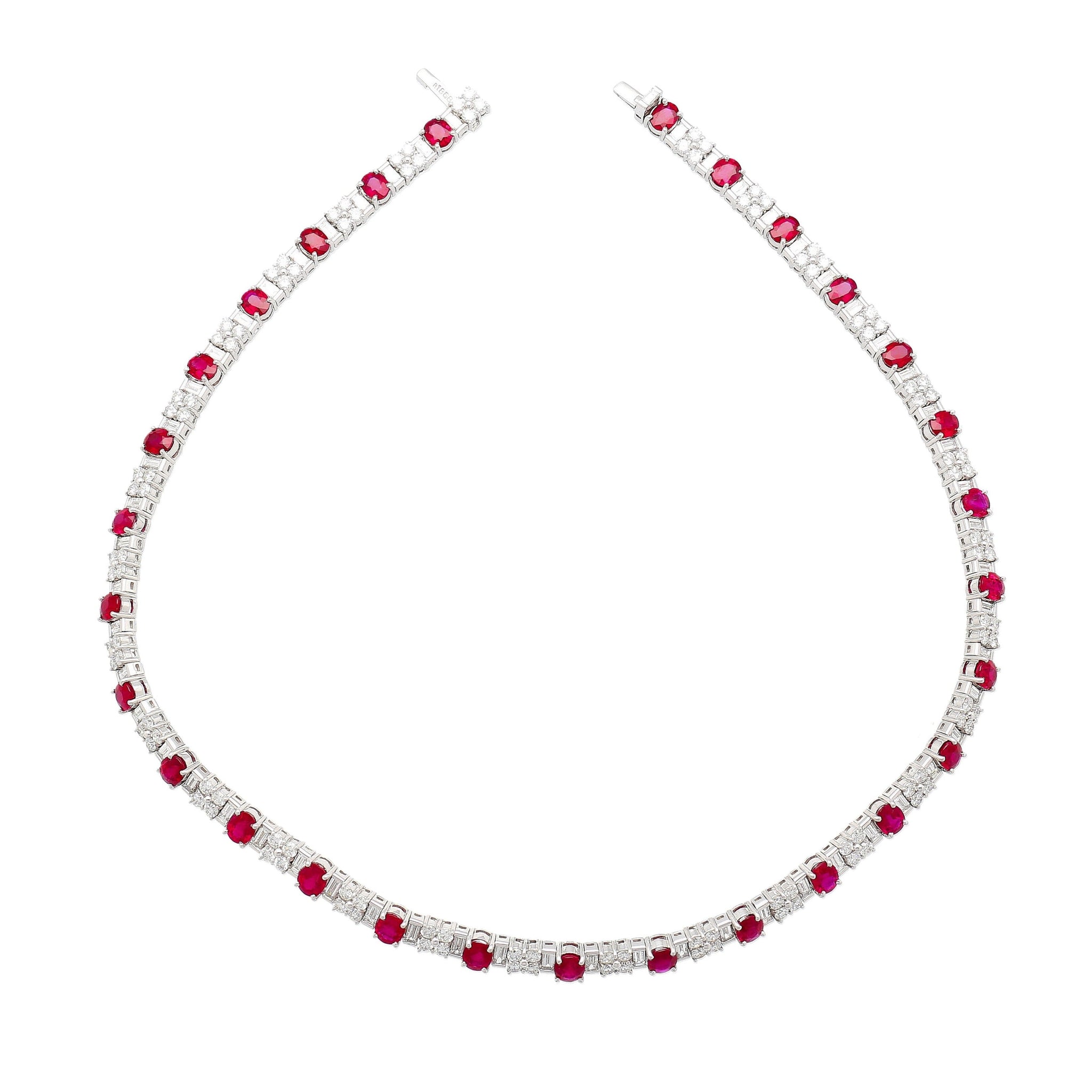 30 Carat TW Oval Cut Ruby and Diamond Tennis Necklace in Platinum