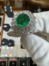 3.19 Carat Oval Cut Emerald Minor Oil & Diamond Cluster Platinum Vintage Ring
