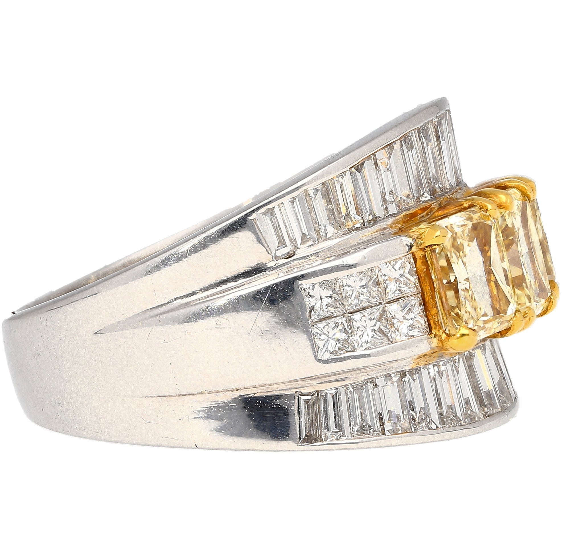 3.28 Carat TW Natural Radiant Cut Fancy Yellow Diamond 3-Stone Ring in 18K White Gold