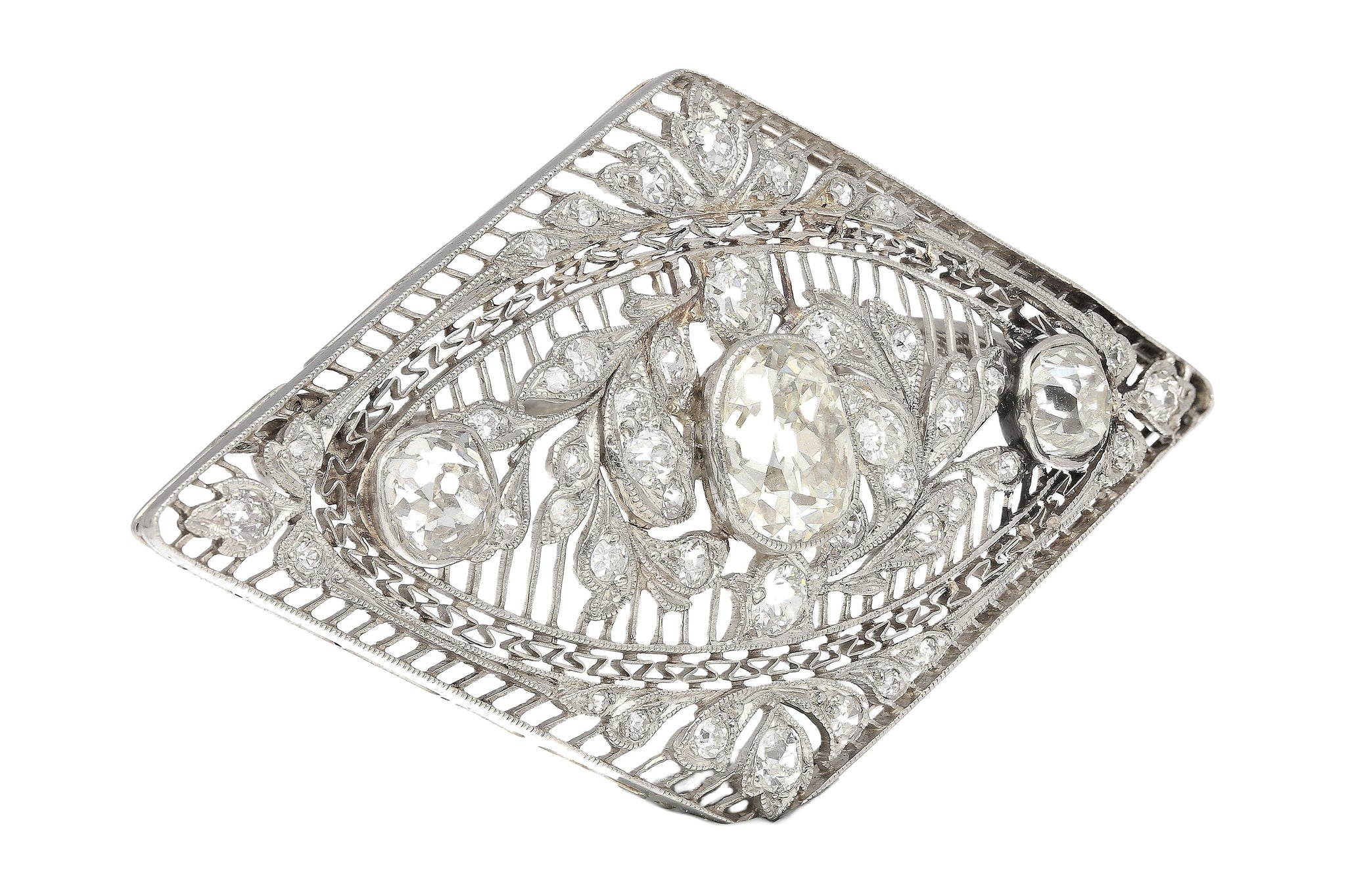 3.5 Carat Old European Cut Art Deco Diamond Brooch in Textured Filigree Platinum
