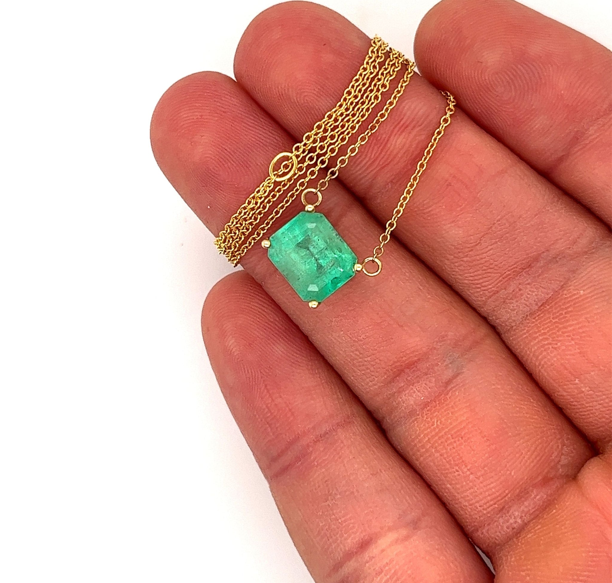3.66 Carat Emerald Cut Colombian Emerald Solitaire East West Pendant Necklace in 14K Yellow Gold