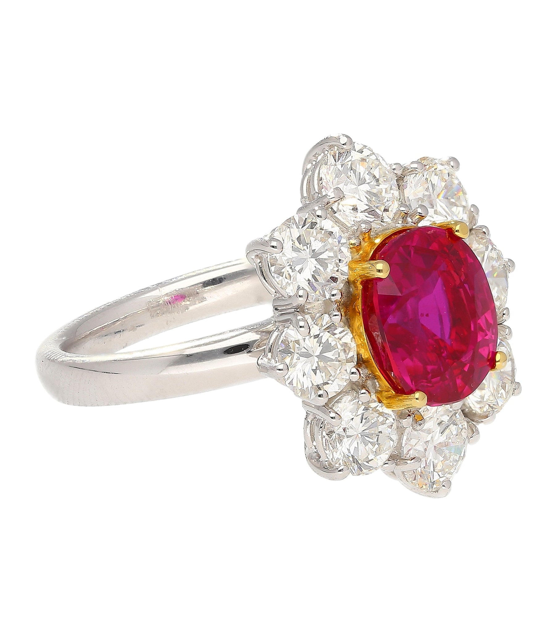 3.80 Carat Oval Cut No Heat Burma Ruby Ring With Round Diamond Halo in Platinum-Rings-ASSAY