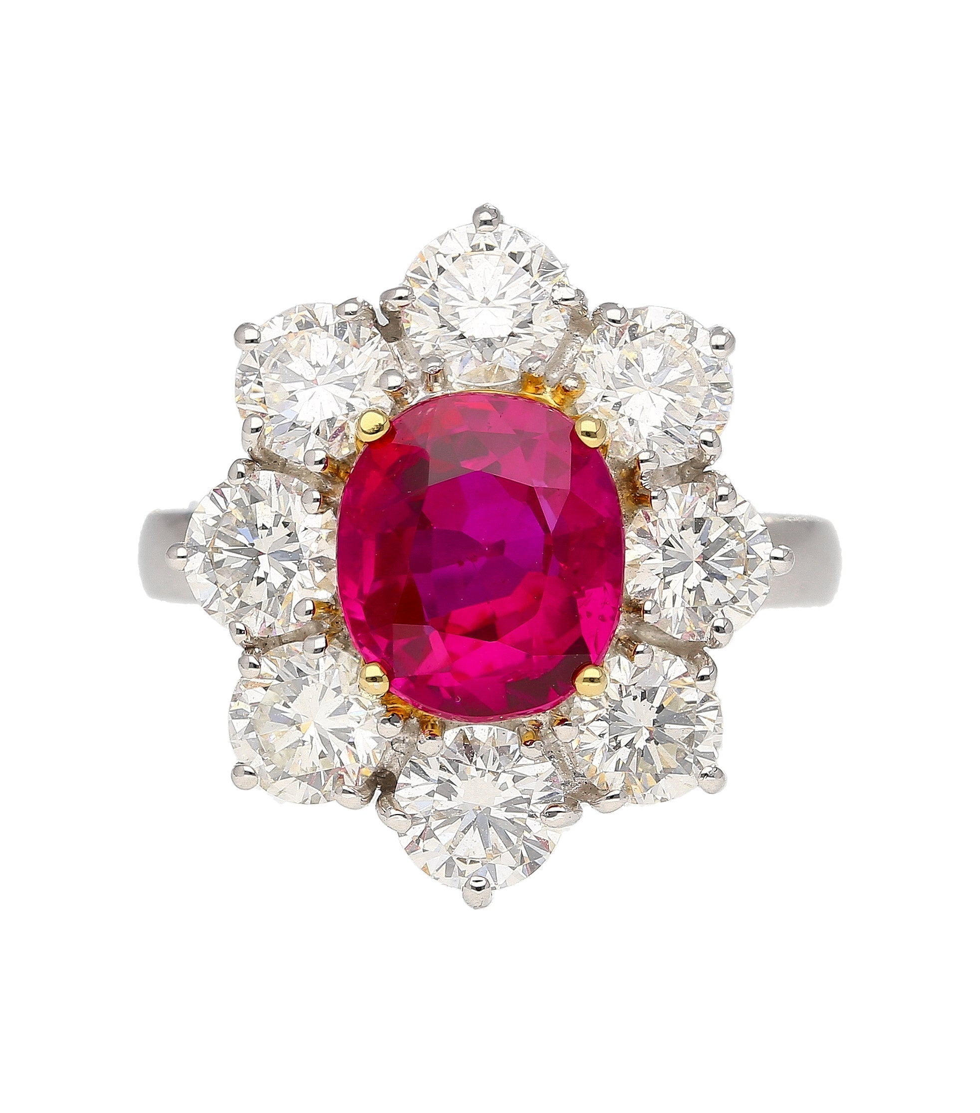 3.80 Carat Oval Cut No Heat Burma Ruby Ring With Round Diamond Halo in Platinum-Rings-ASSAY