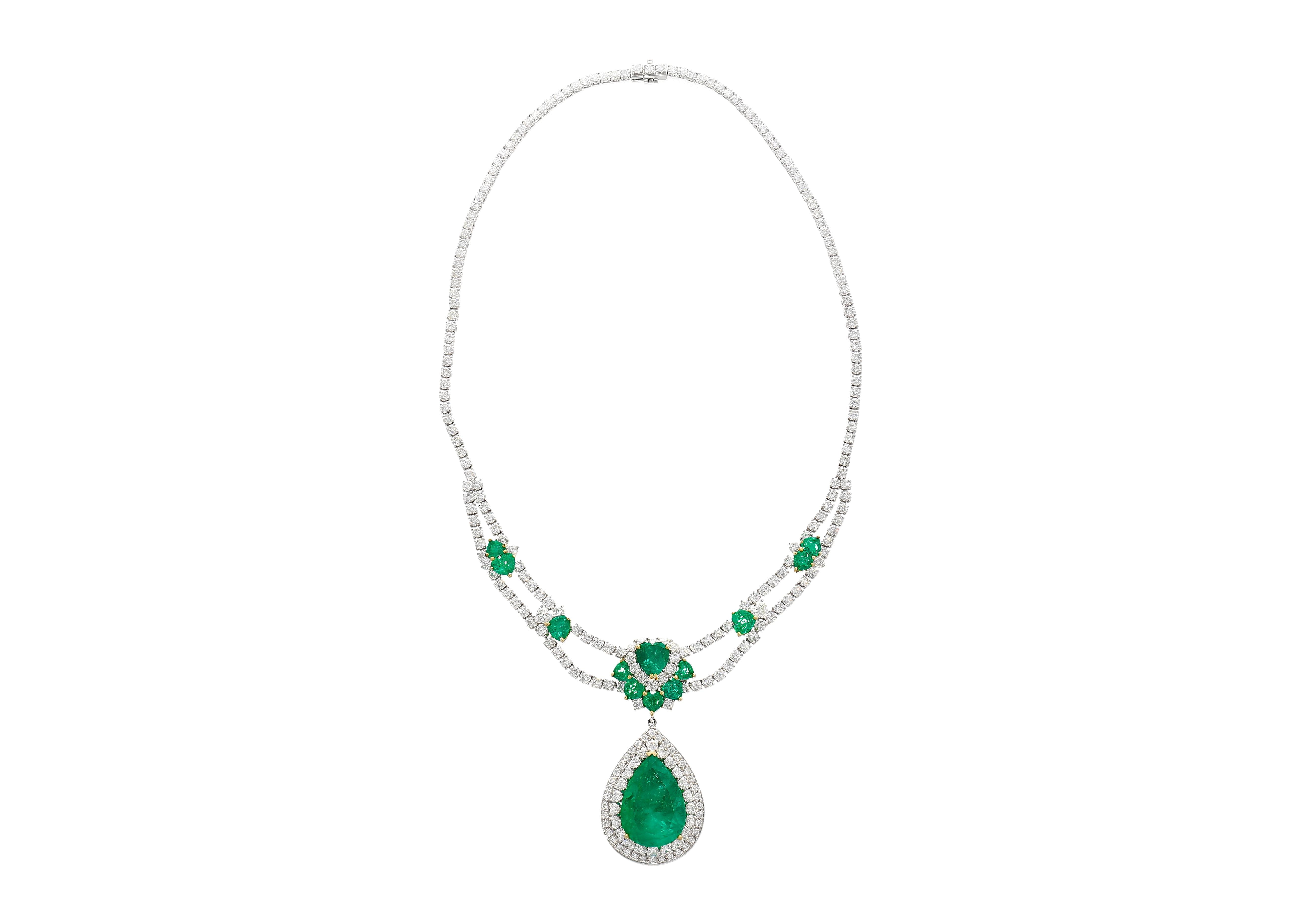 45.58 Carat TW Colombian Emerald & Diamond Chandelier Drop Necklace