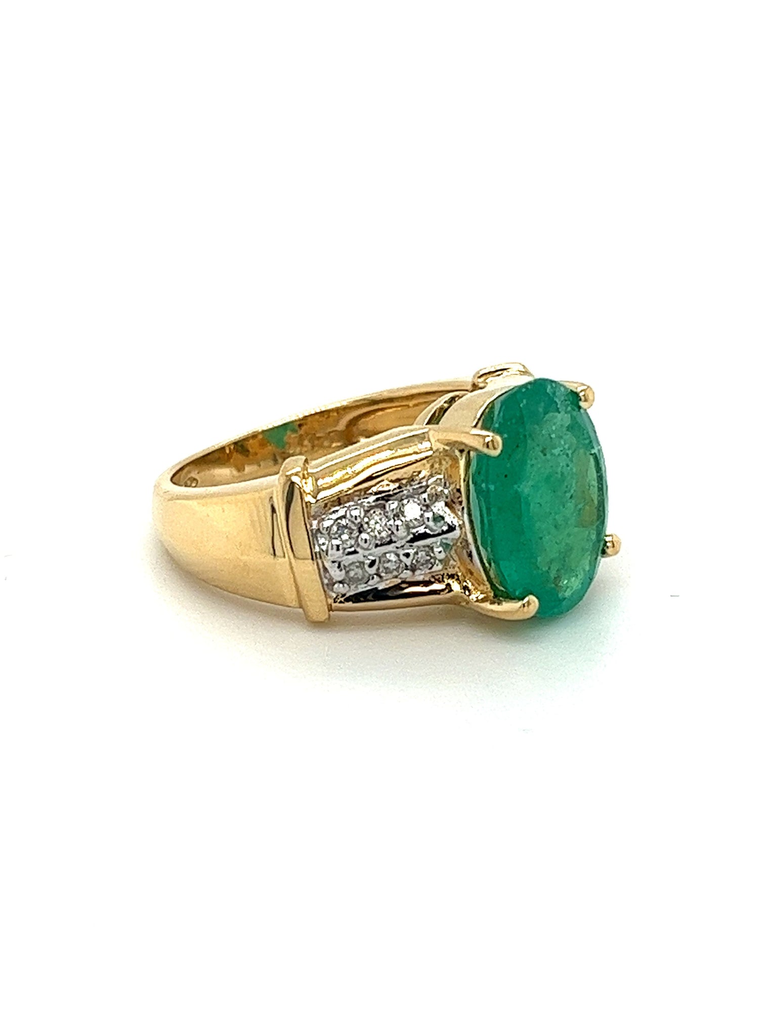 4.14 Carat Oval Cut Natural Emerald and Diamond Ring in 18K Yellow Gold