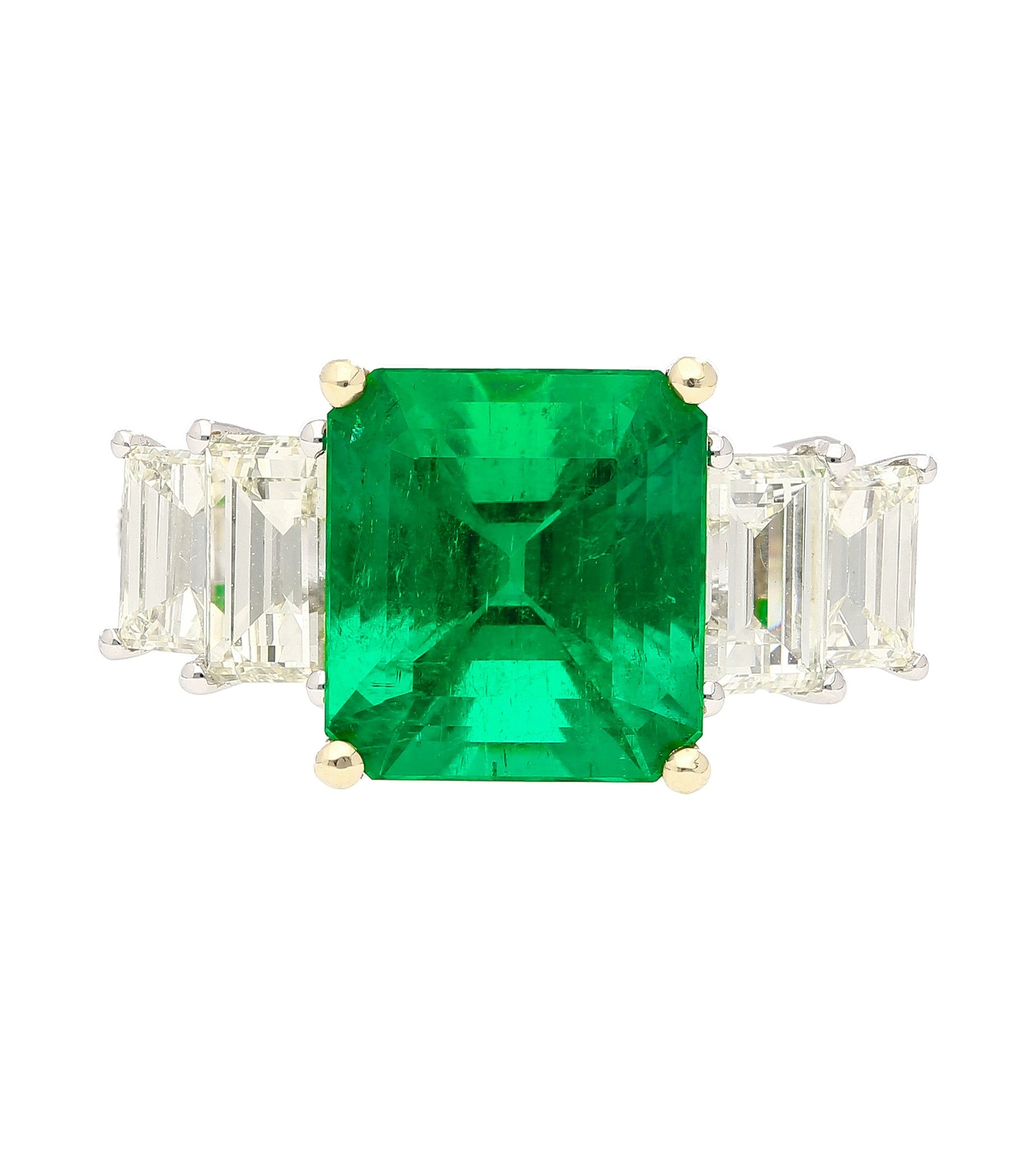 4.26 Carat Vivid Green Colombian Muzo Mine Emerald & Emerald Cut Side Diamond Ring
