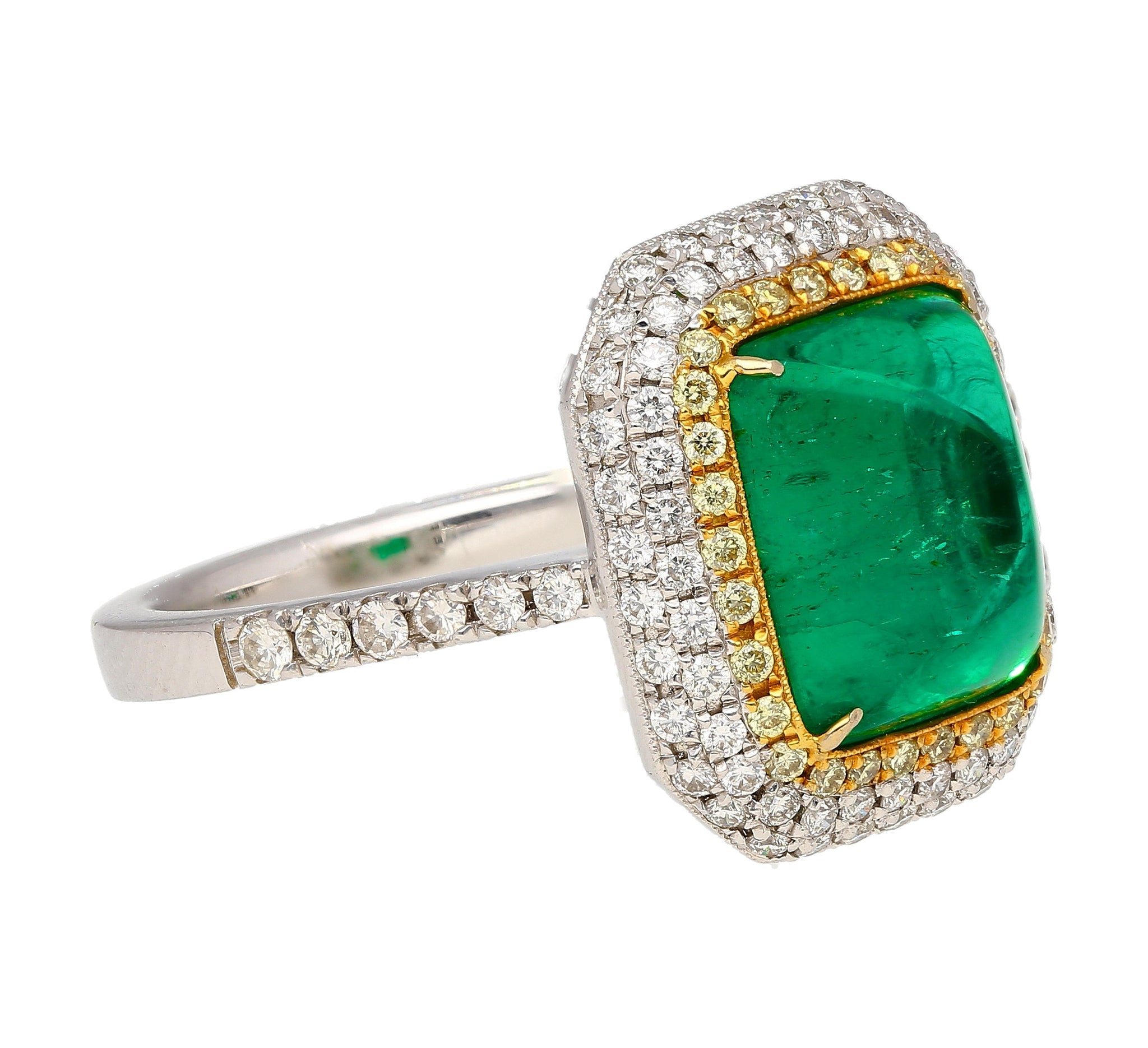 4.49 Carat Sugarloaf Cabochon Cut Colombian Emerald and Diamond Halo Ring in 18k White Gold-Rings-ASSAY
