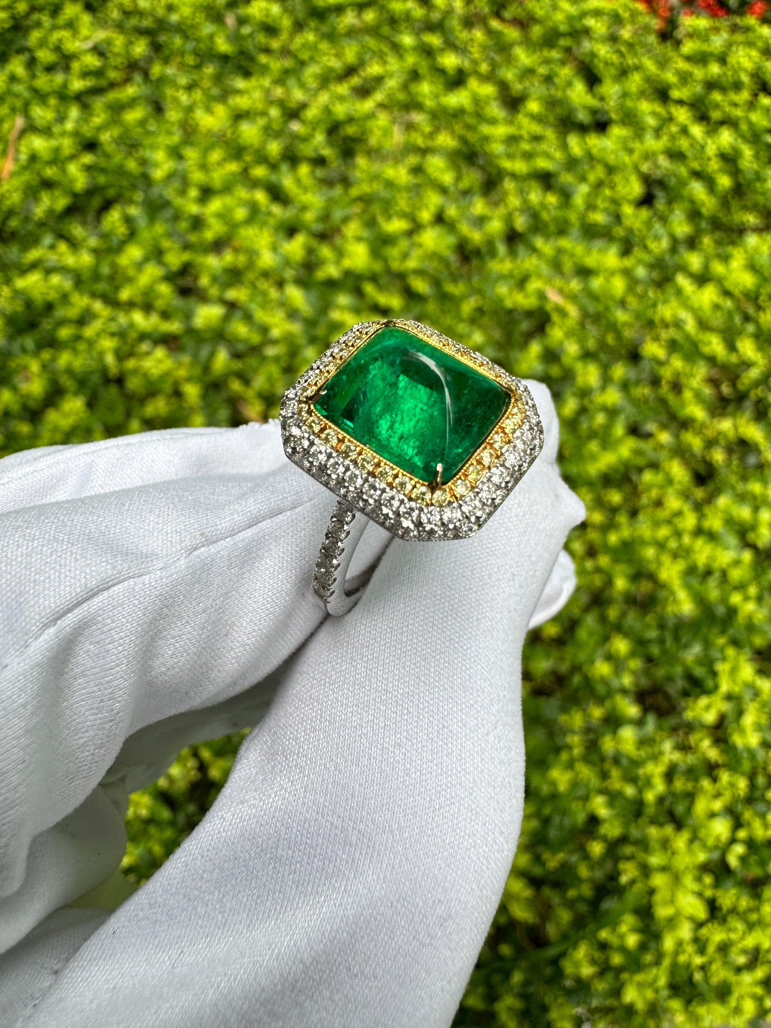 4.49 Carat Sugarloaf Cabochon Cut Colombian Emerald and Diamond Halo Ring in 18k White Gold
