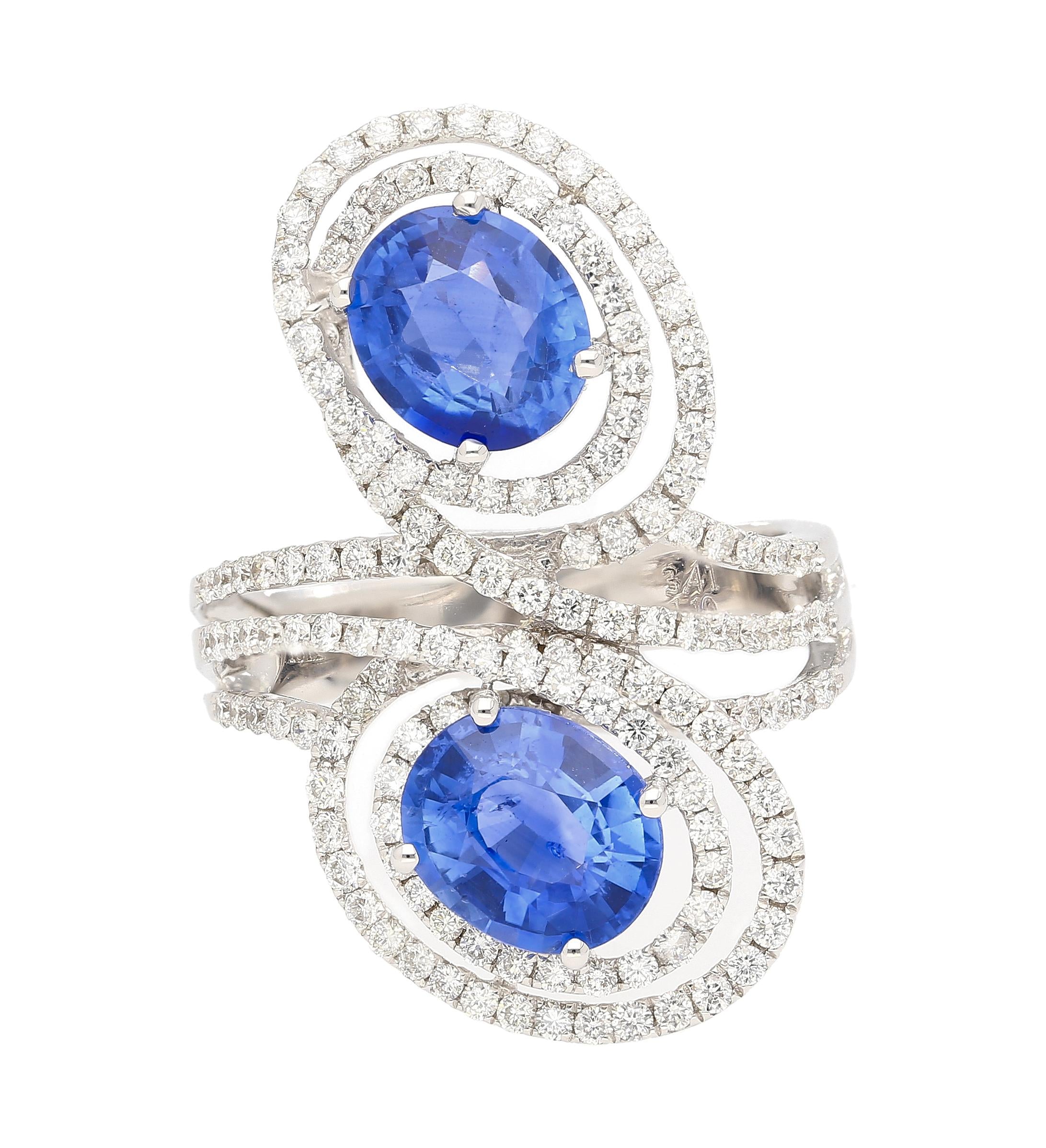 4.51 Carat Oval Blue Sapphire & Diamond Two Stone Vertical Pave Swirl Ring