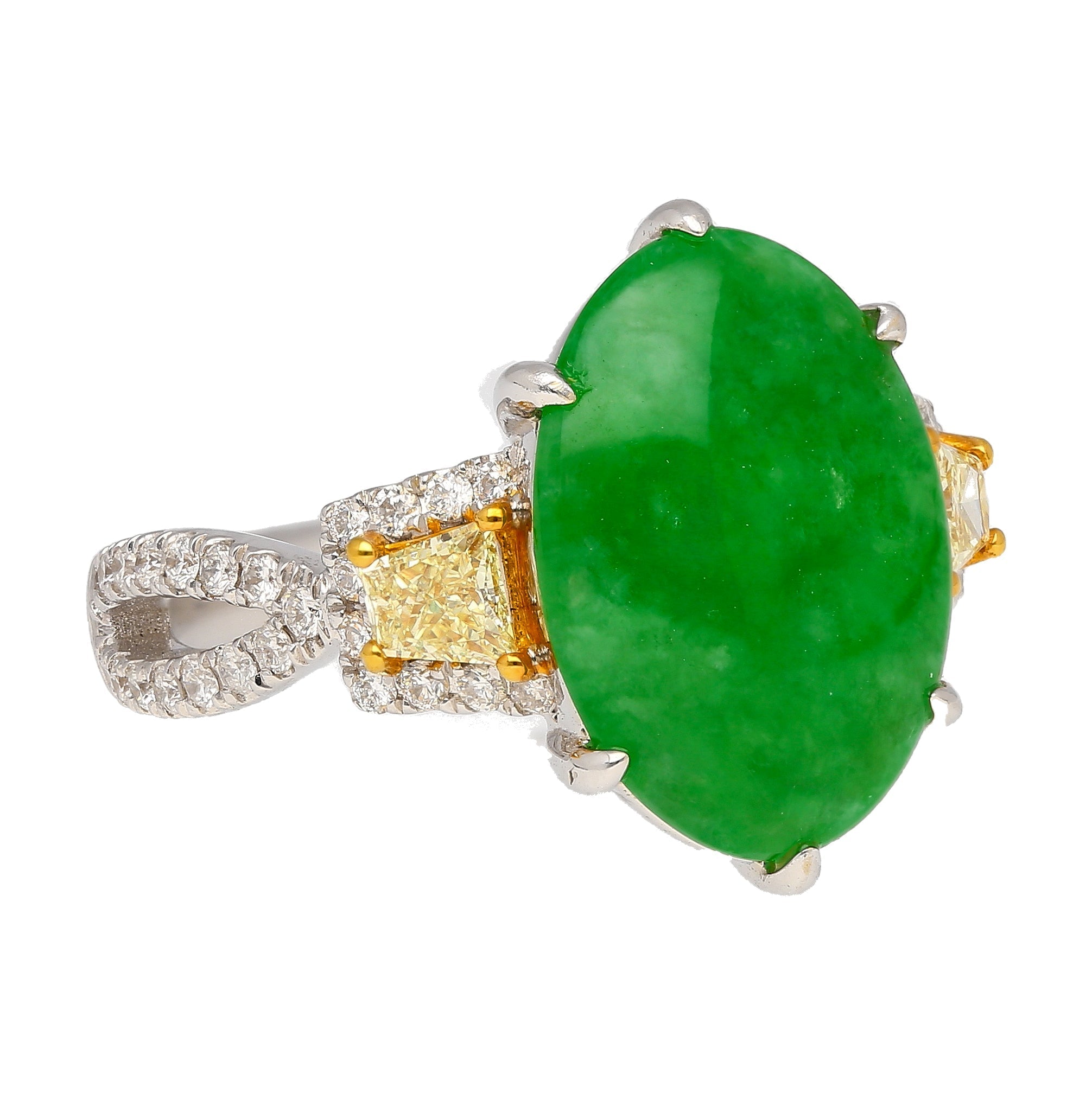 4.76 Carat Jadeite Jade with Trapezoid Cut Yellow Diamond Side Stone Ring in 18k White Gold-Rings-ASSAY