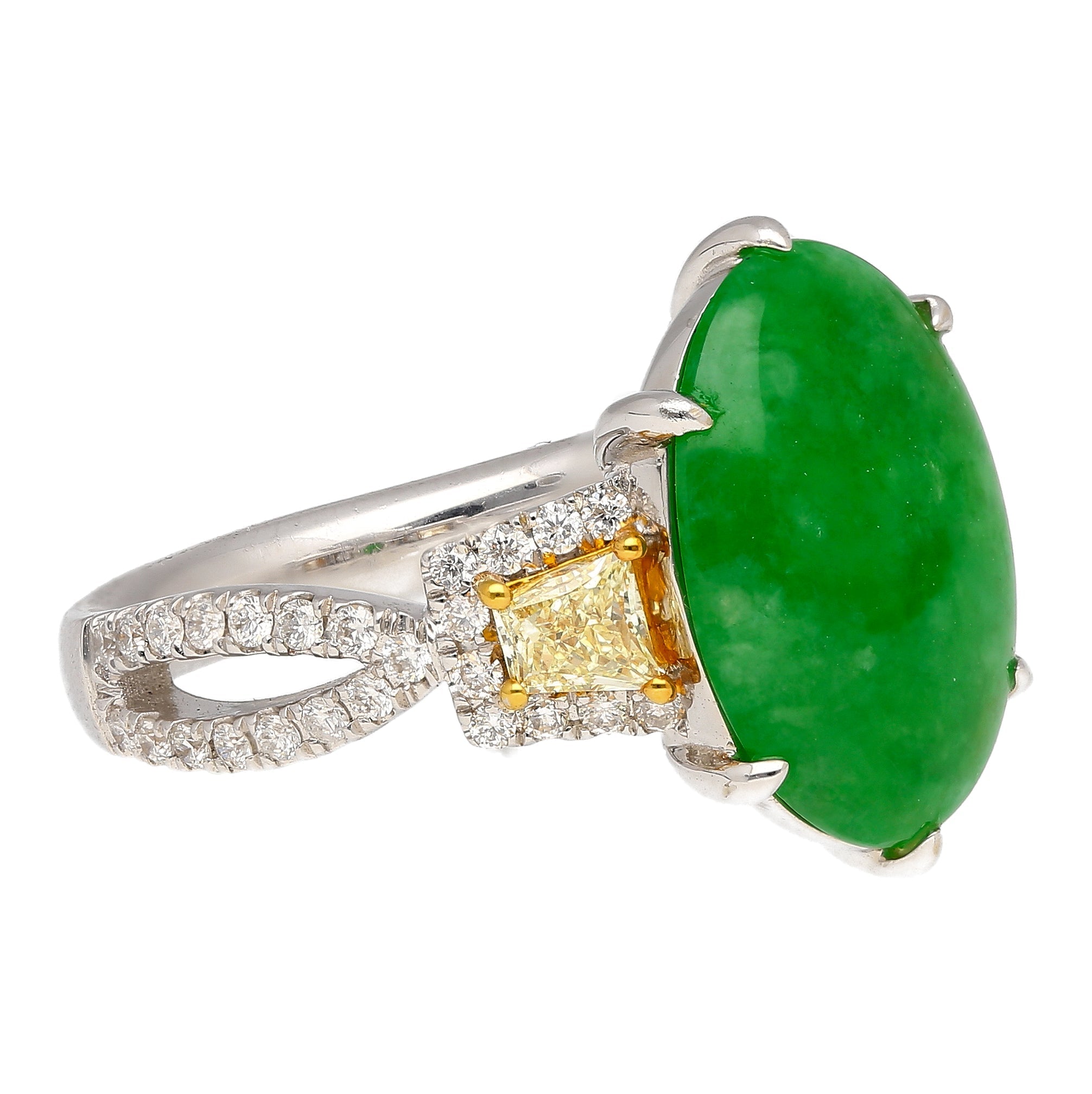 4.76 Carat Jadeite Jade with Trapezoid Cut Yellow Diamond Side Stone Ring in 18k White Gold