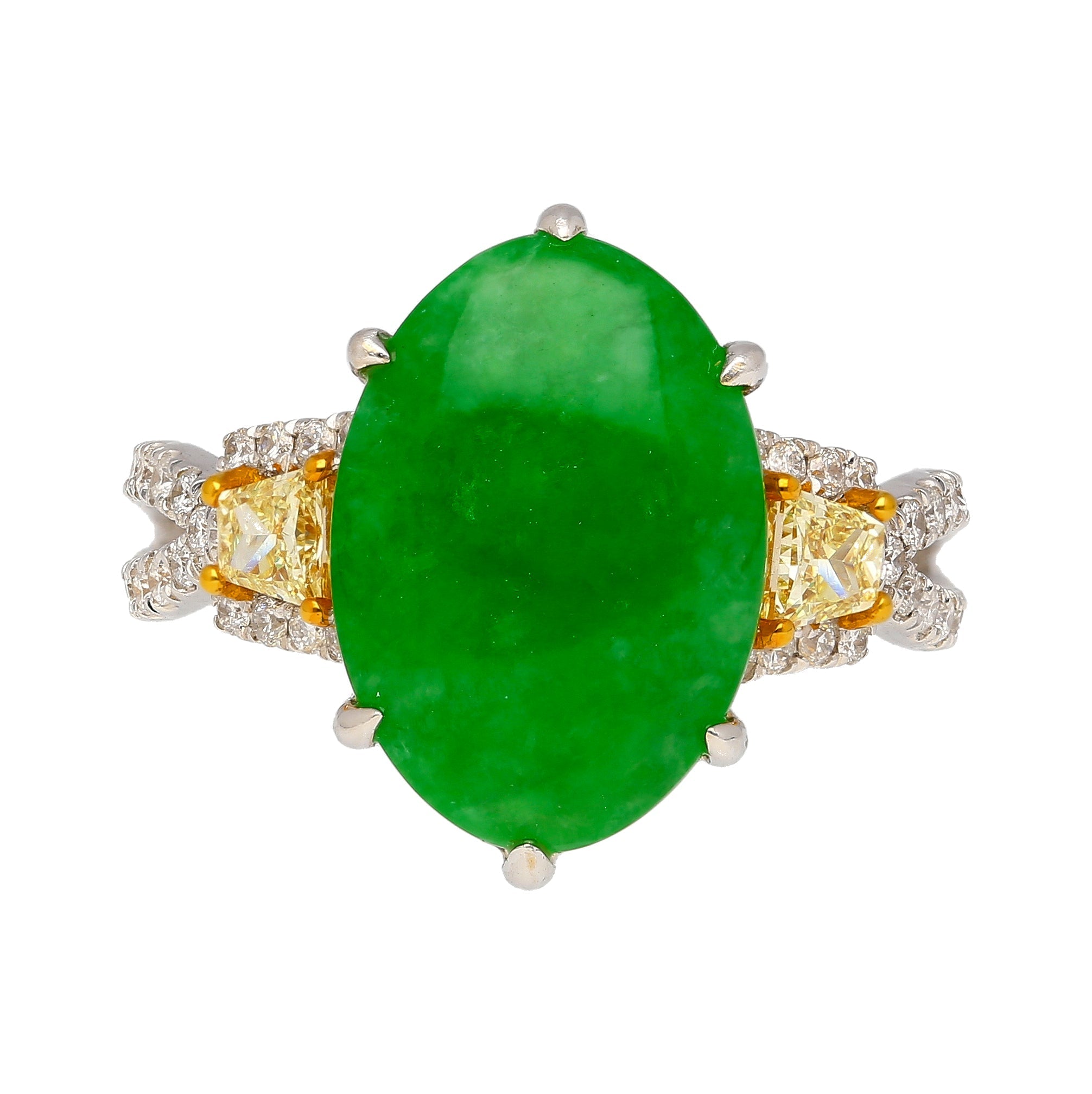 4.76 Carat Jadeite Jade with Trapezoid Cut Yellow Diamond Side Stone Ring in 18k White Gold-Rings-ASSAY